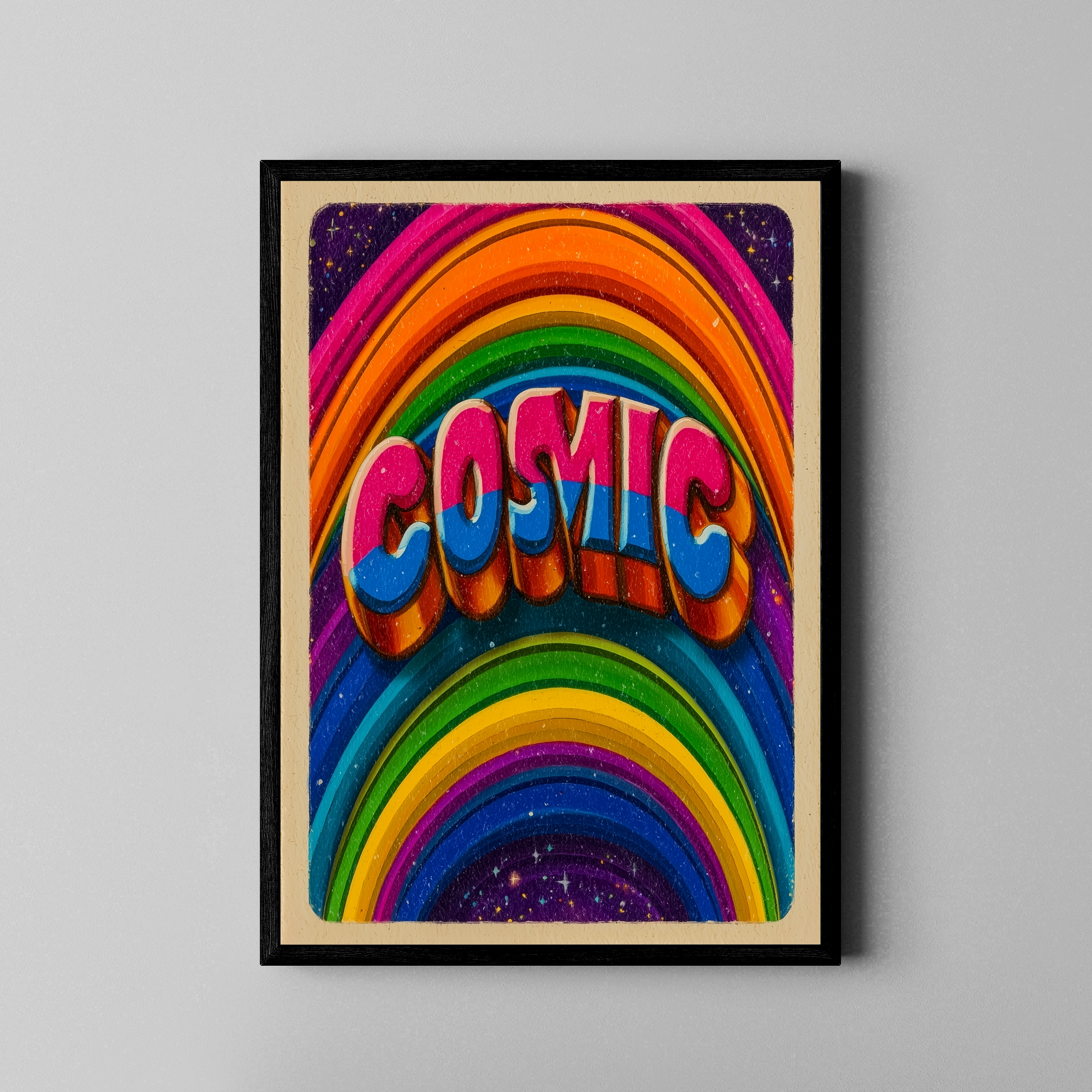 COSMIC – bunter Retro-Kunstdruck mit Regenbogenwellen und 70s-Typografie – Poster im schwarzen Rahmen