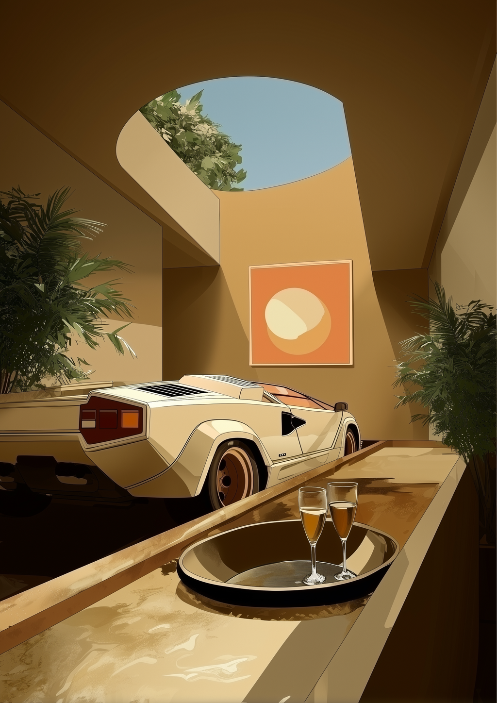 Lamborghini Countach in luxuriöser Villa mit Champagner – eleganter Automotive Kunstdruck