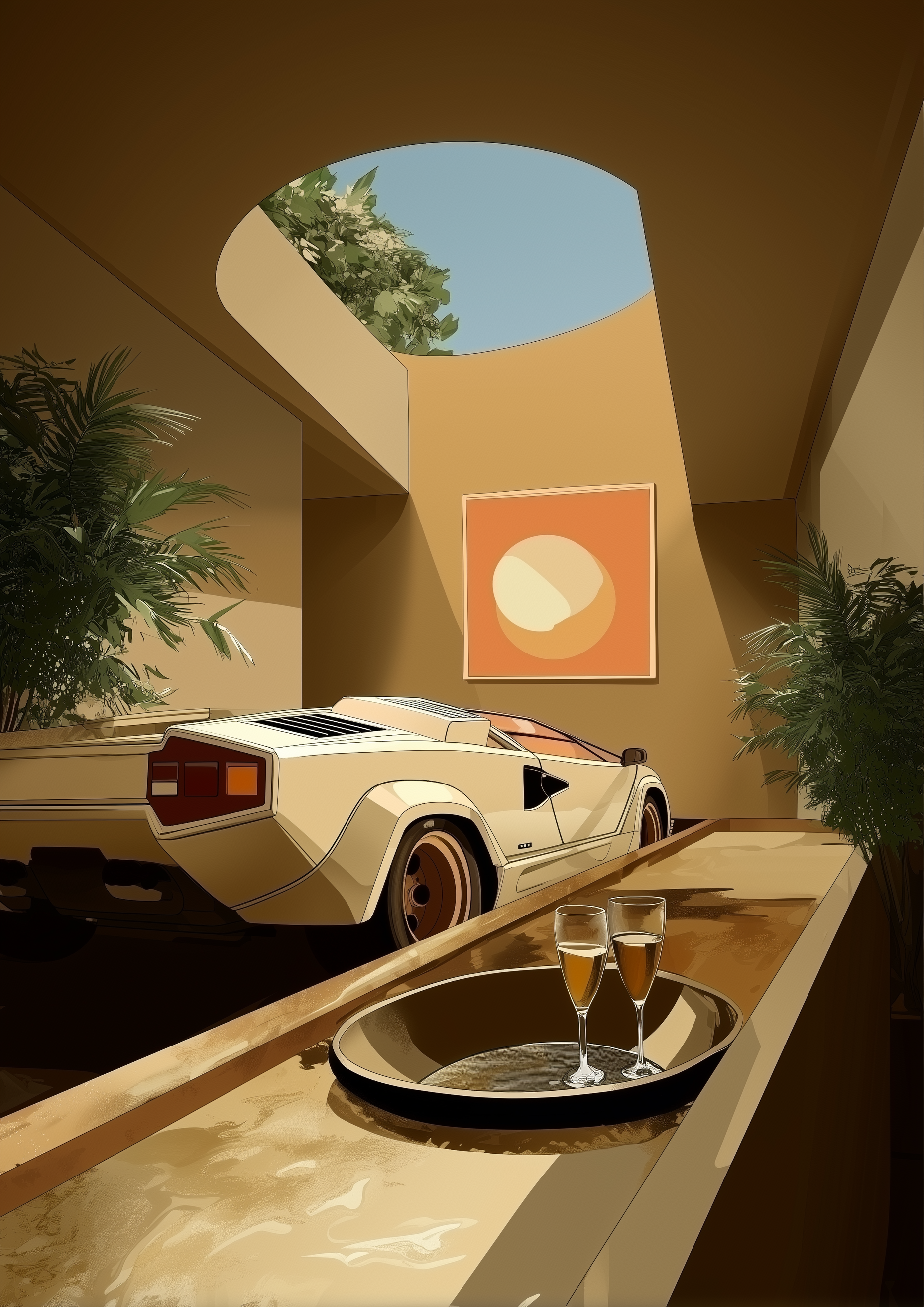 Lamborghini Countach in luxuriöser Villa mit Champagner – eleganter Automotive Kunstdruck