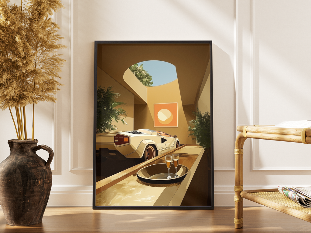 Lamborghini Countach in luxuriöser Villa mit Champagner – gerahmter Automotive Kunstdruck kaufen