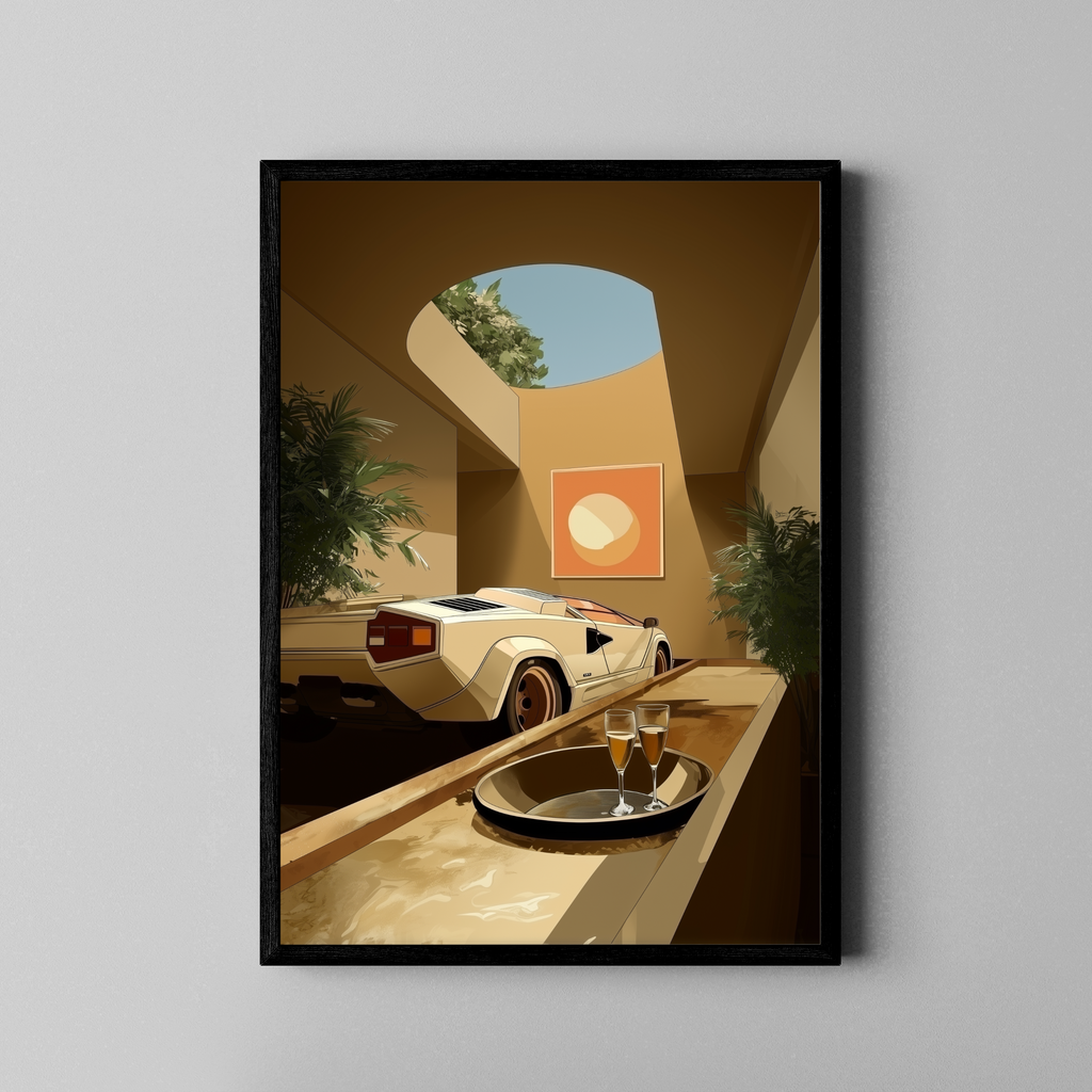 Lamborghini Countach in luxuriöser Villa mit Champagner – Automotive Poster im schwarzen Rahmen