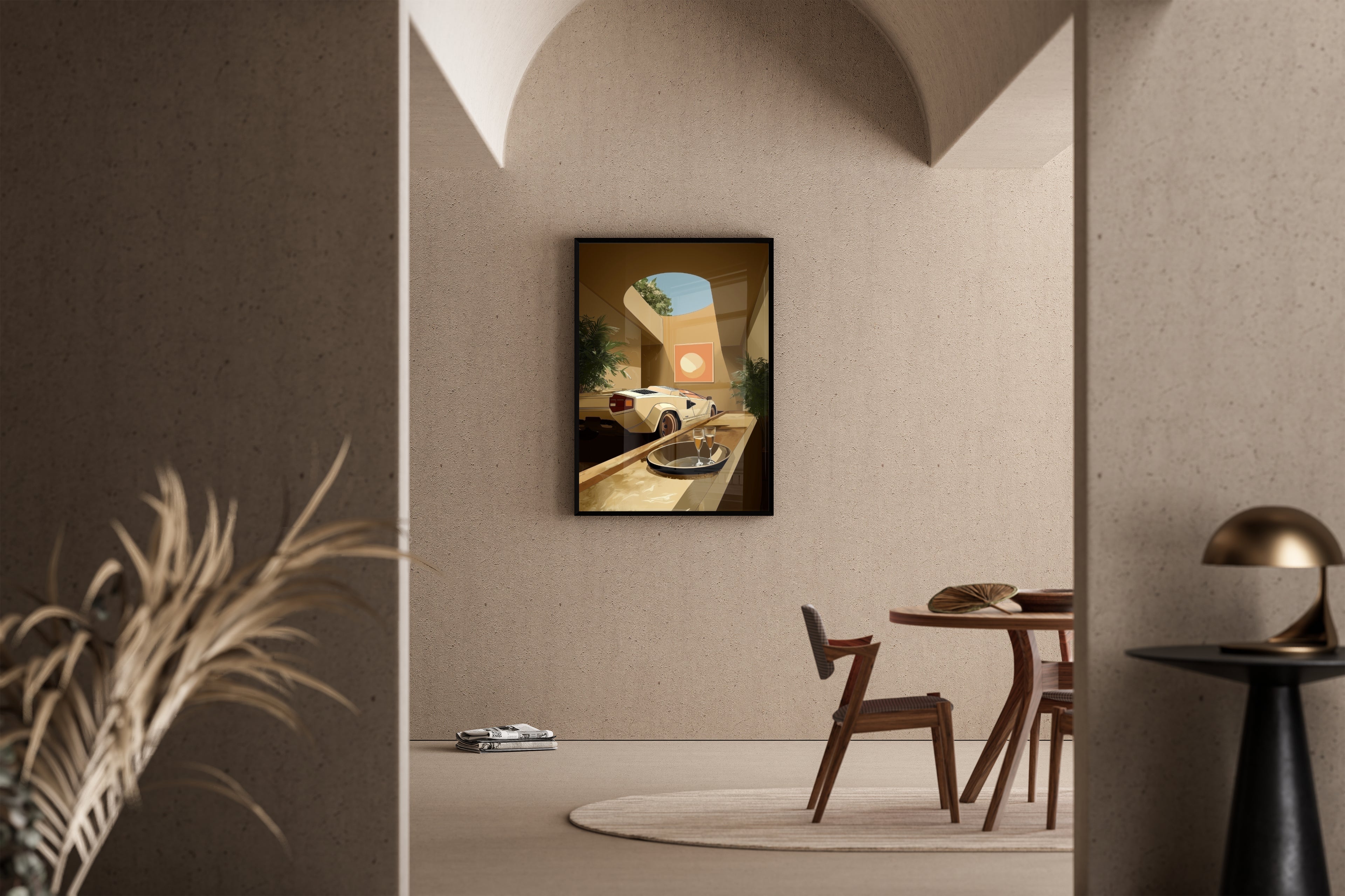 Lamborghini Countach in luxuriöser Villa mit Champagner – Kunstdruck im mediterranen Esszimmer