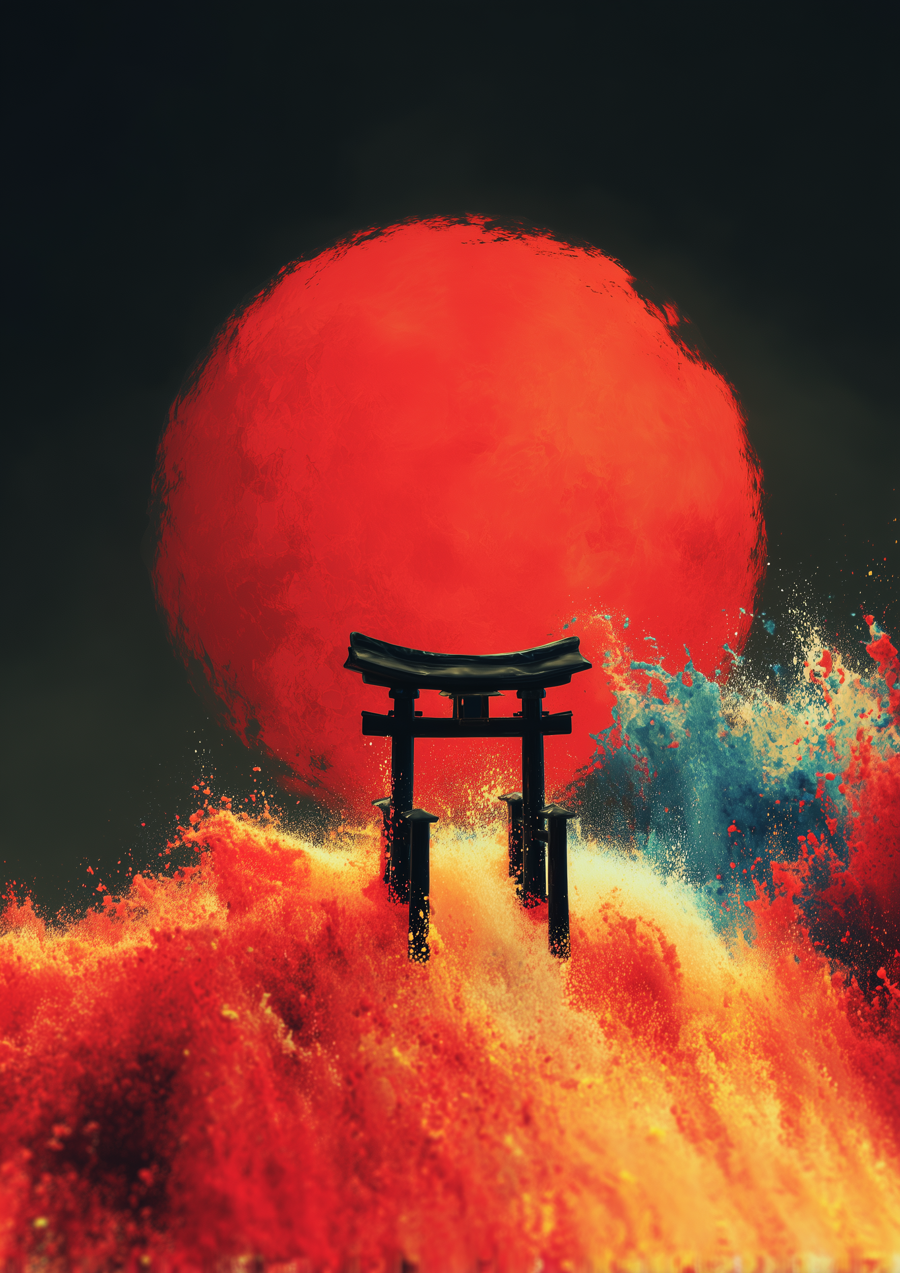Japanisches Torii-Tor vor roter Sonne mit Farbexplosion – dramatischer Japan Kunstdruck