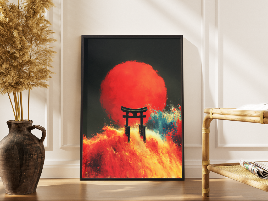 Japanisches Torii-Tor vor roter Sonne mit Farbexplosion – gerahmter Japan Kunstdruck kaufen