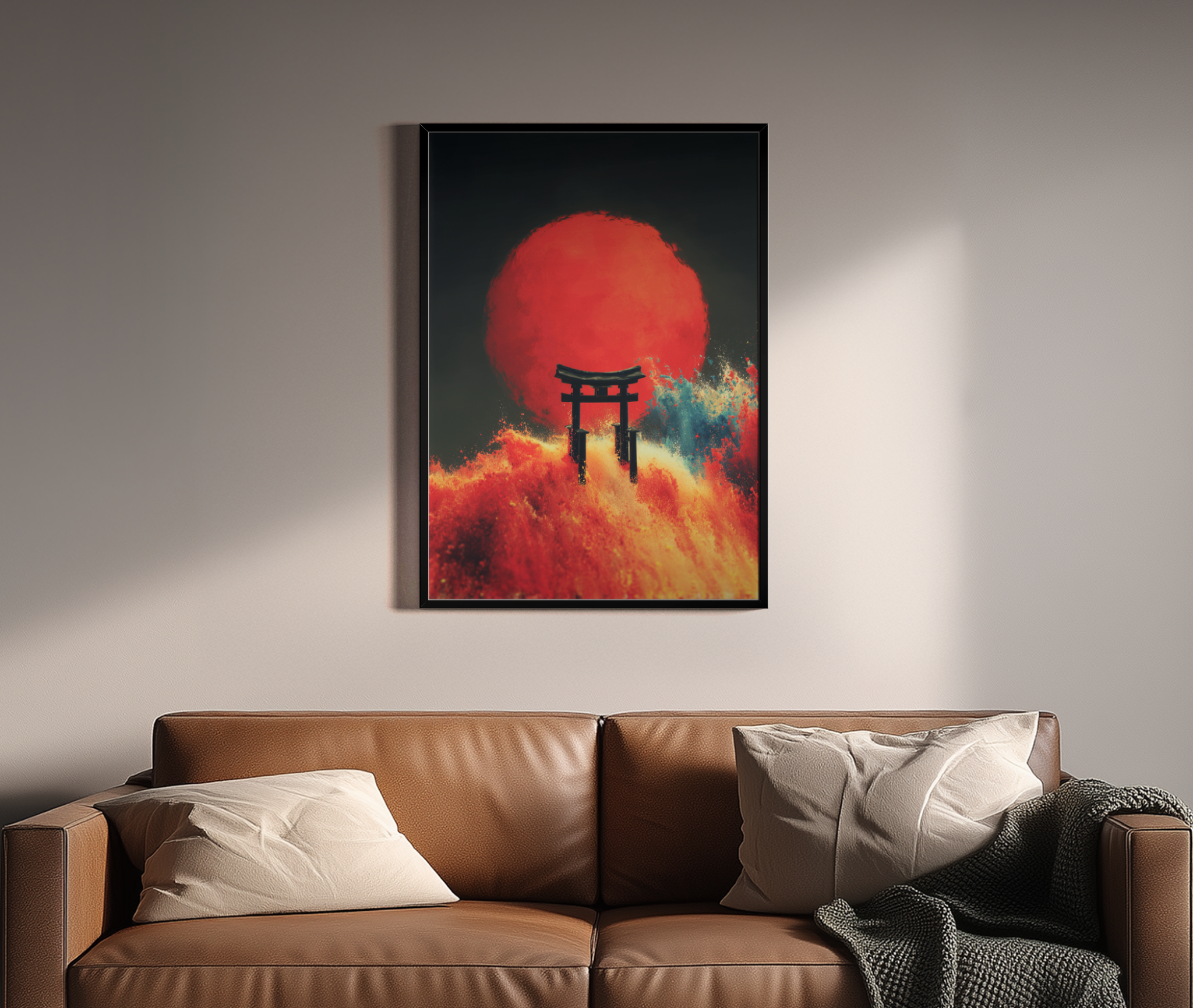 Japanisches Torii-Tor vor roter Sonne mit Farbexplosion – Wandbild über braunem Ledersofa