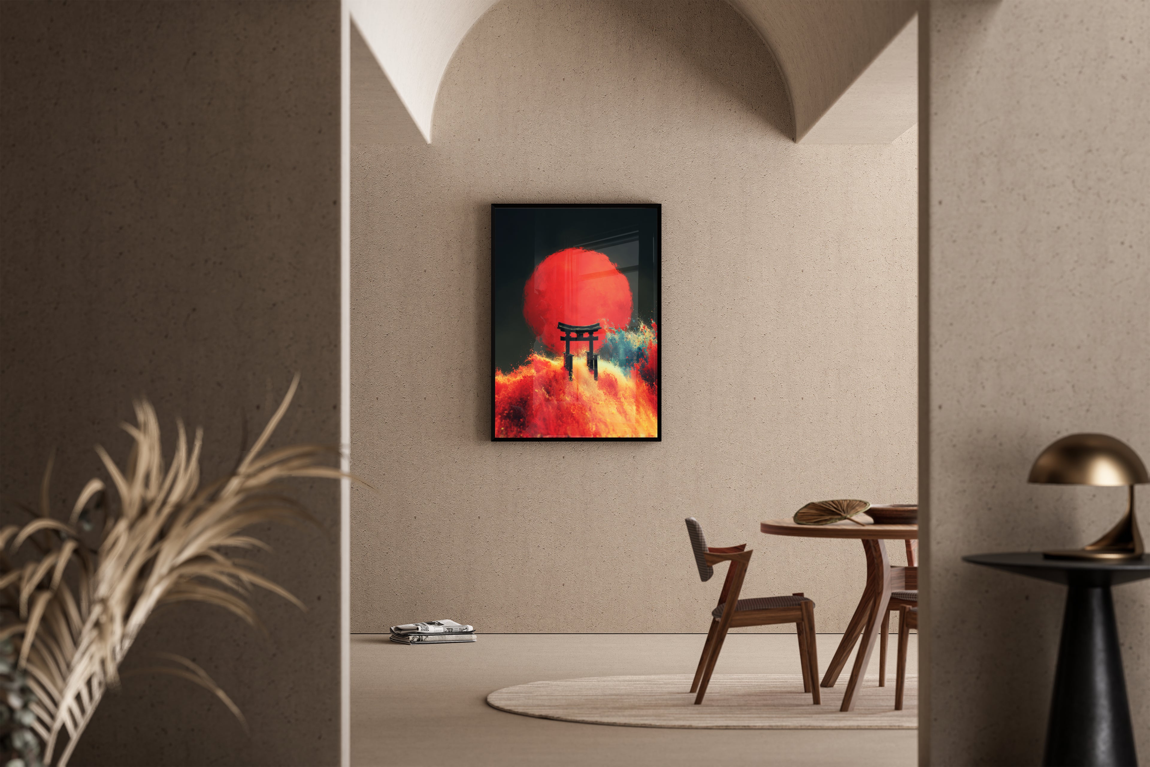 Japanisches Torii-Tor vor roter Sonne mit Farbexplosion – Kunstdruck im mediterranen Esszimmer