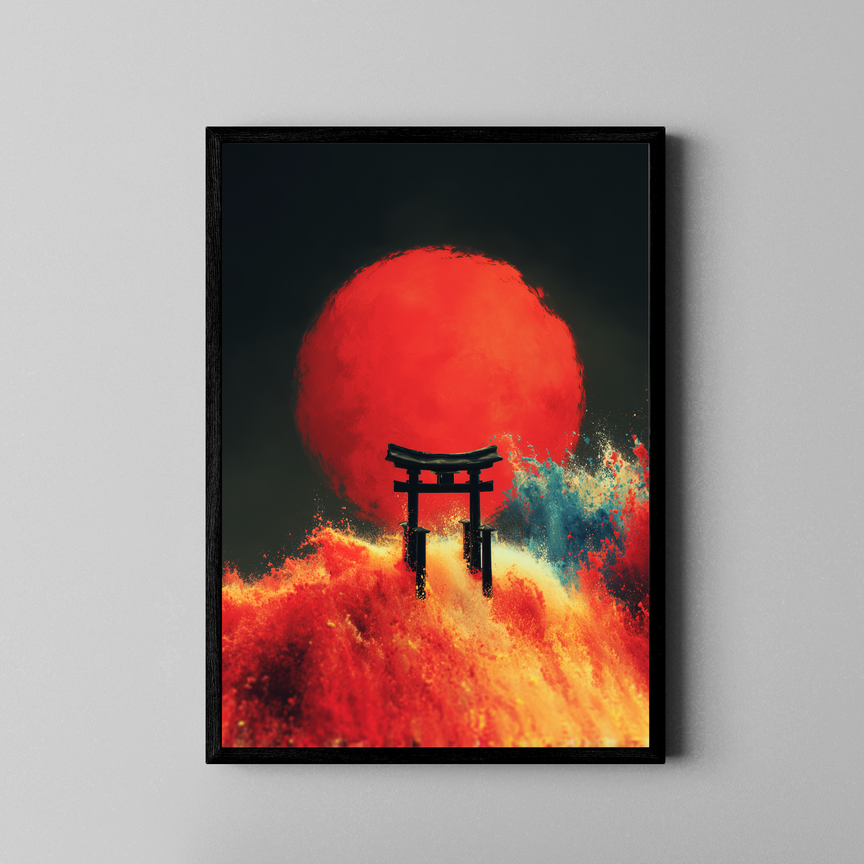 Japanisches Torii-Tor vor roter Sonne mit Farbexplosion – Japan Poster im schwarzen Rahmen