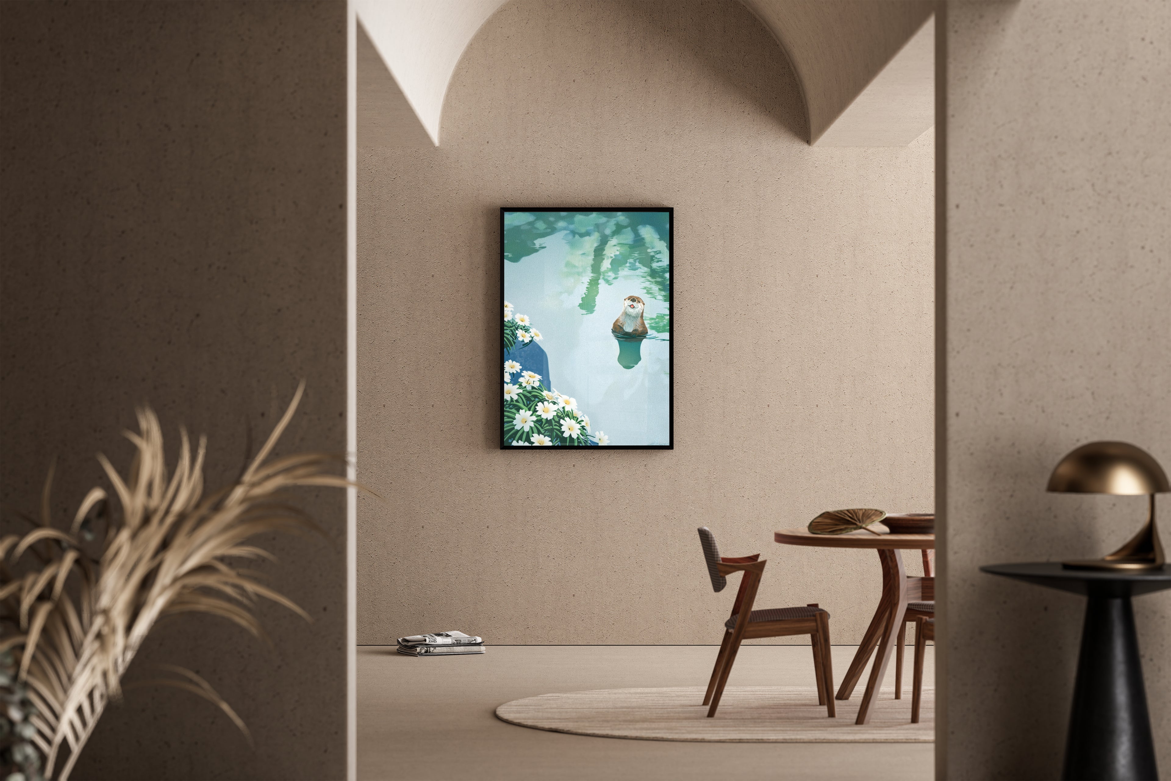 Otter schwimmt zwischen Gänseblümchen in türkisem Wasser – Kunstdruck im mediterranen Esszimmer