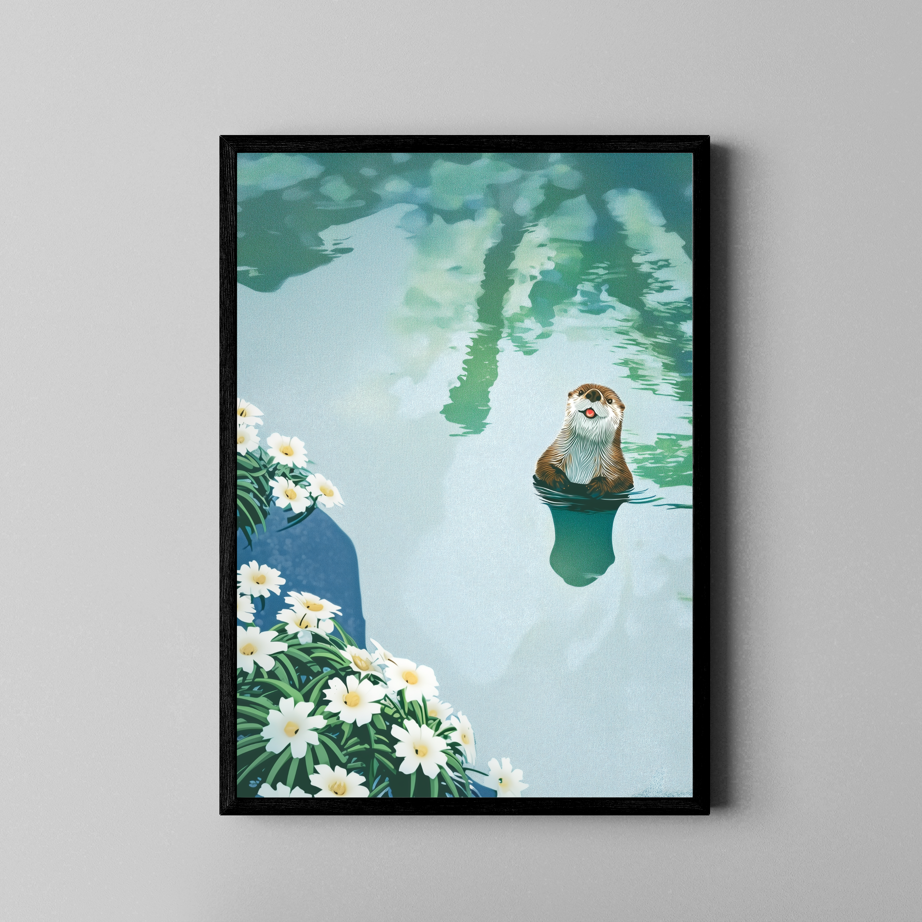 Otter schwimmt zwischen Gänseblümchen in türkisem Wasser – illustrativer Poster im schwarzen Rahmen