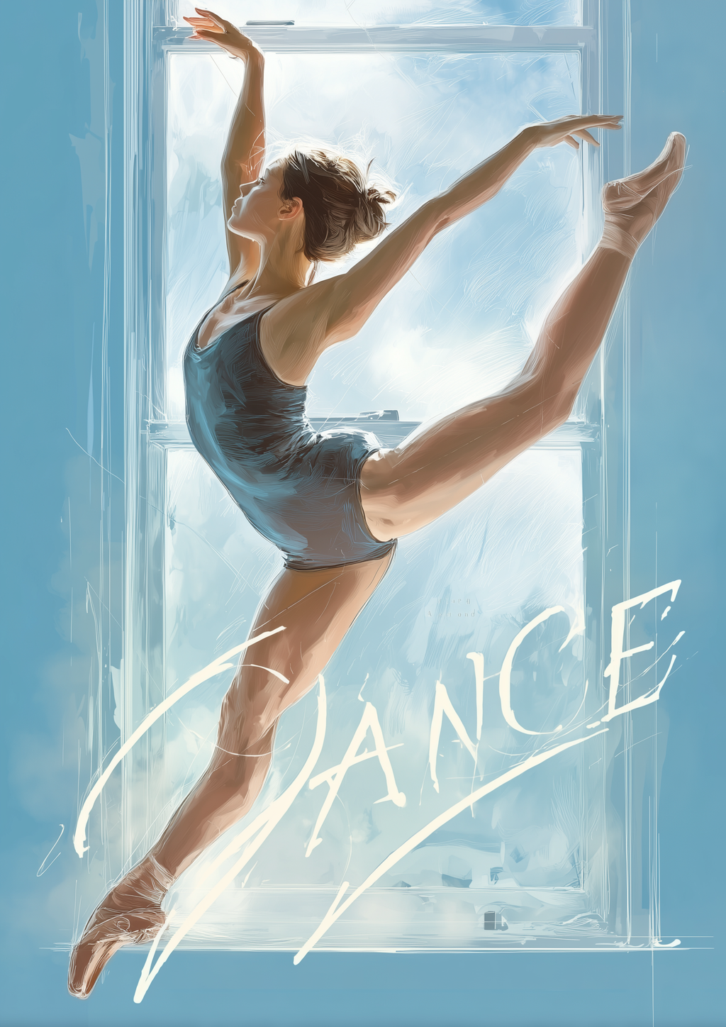 DANCE – Ballerina im Sprung vor Fenster in blauer Illustration – eleganter Fine Art Kunstdruck