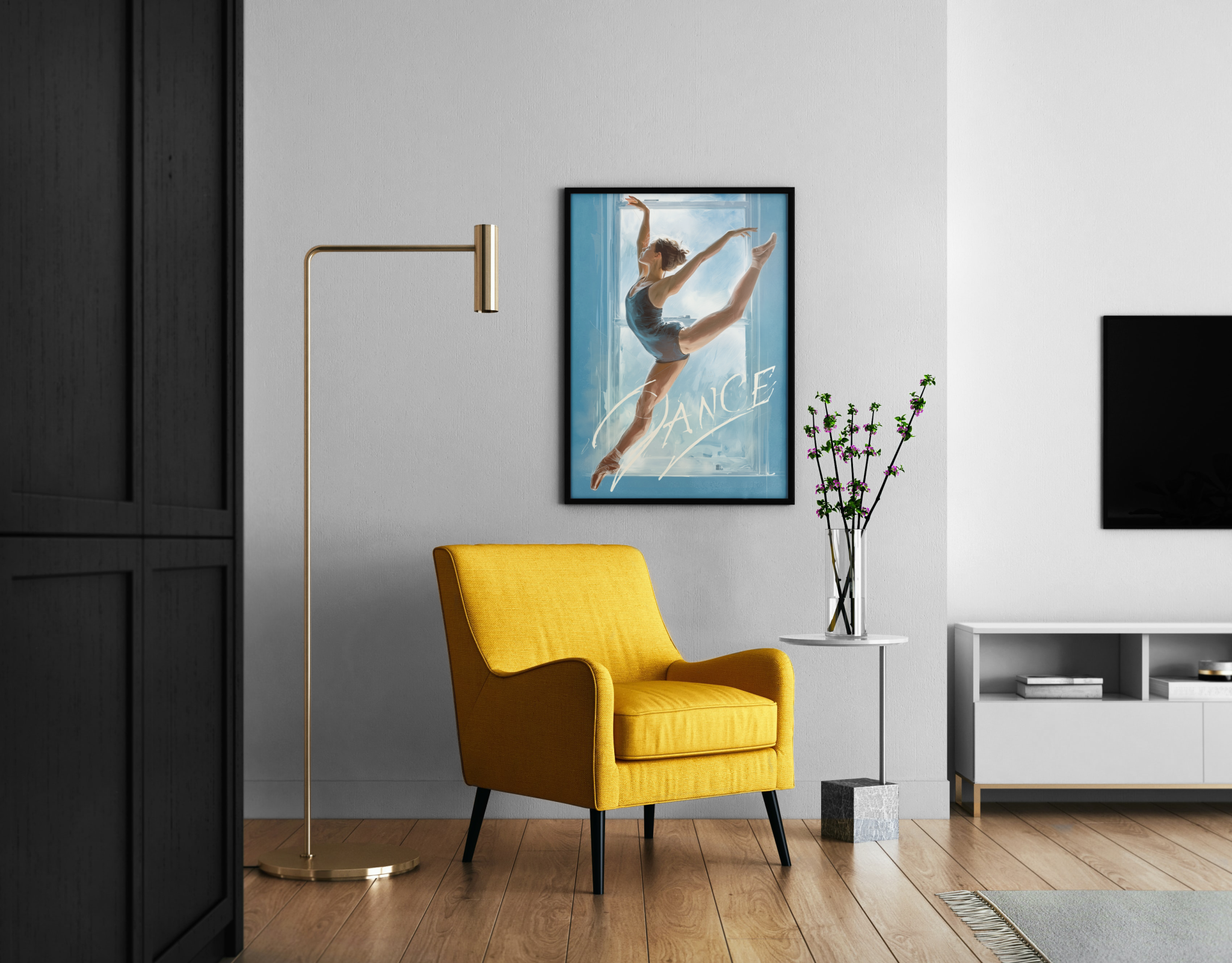 DANCE – Ballerina im Sprung vor Fenster in blauer Illustration – eleganter Poster im modernen Wohnzimmer