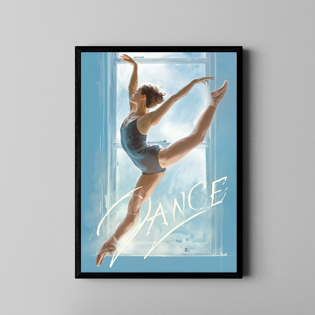 DANCE – Ballerina im Sprung vor Fenster in blauer Illustration – Fine Art Poster im schwarzen Rahmen
