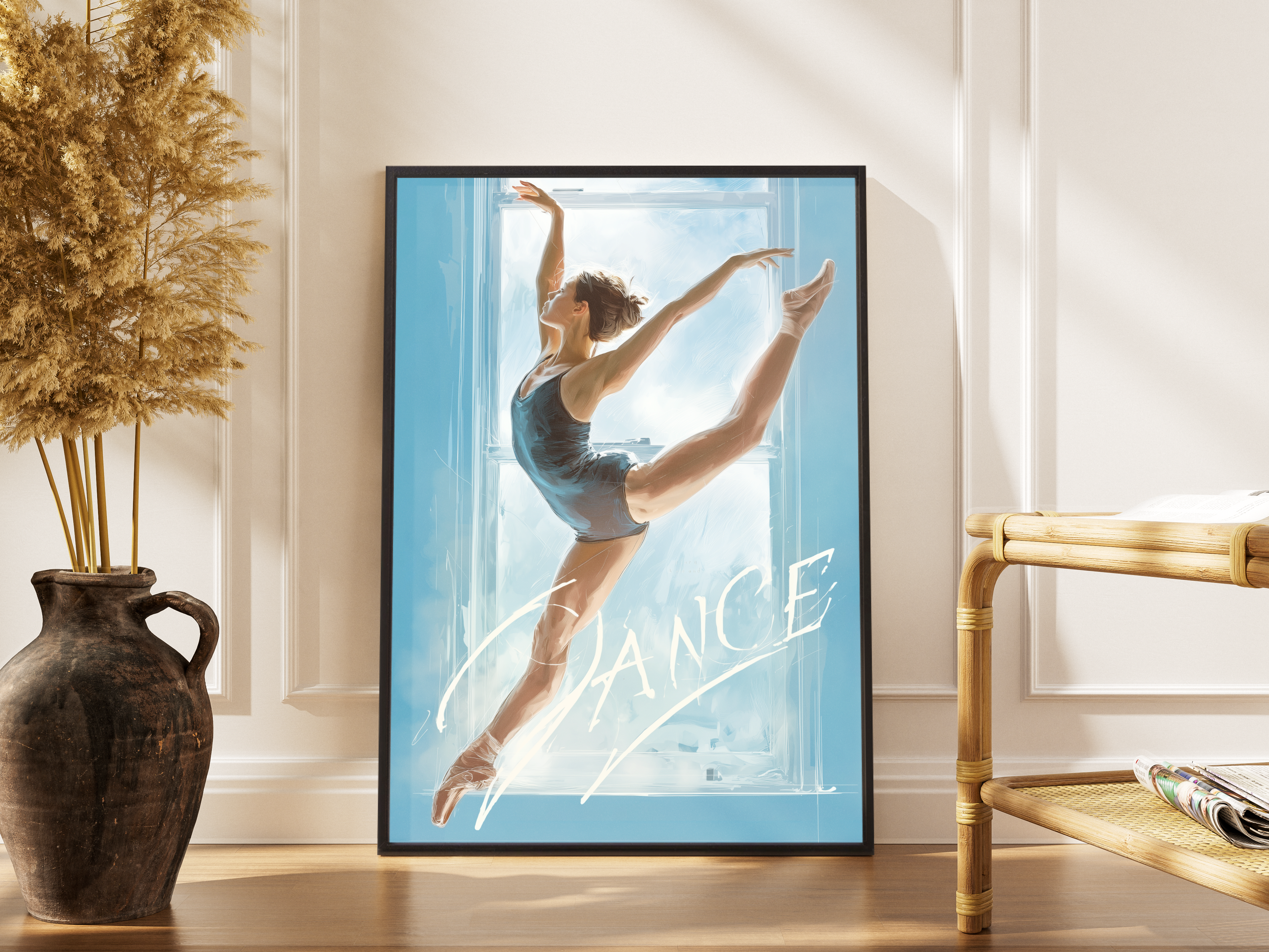 DANCE – Ballerina im Sprung vor Fenster in blauer Illustration – gerahmter Fine Art Kunstdruck kaufen