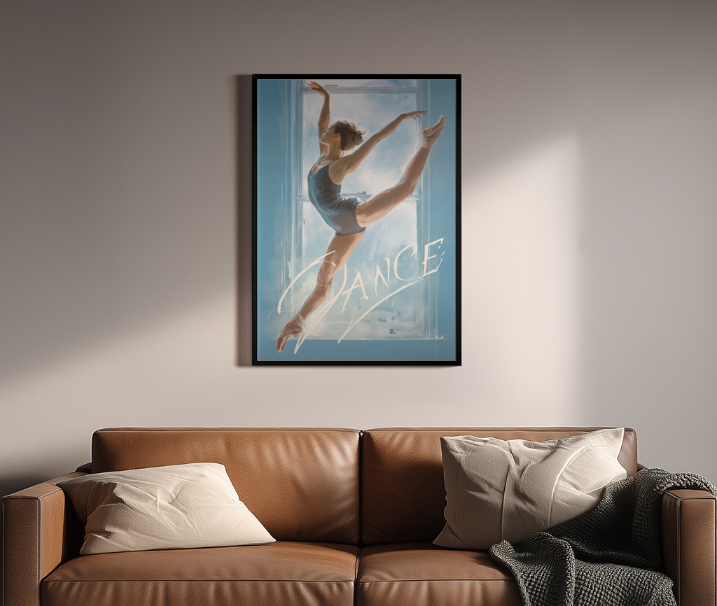 DANCE – Ballerina im Sprung vor Fenster in blauer Illustration – Wandbild über braunem Ledersofa