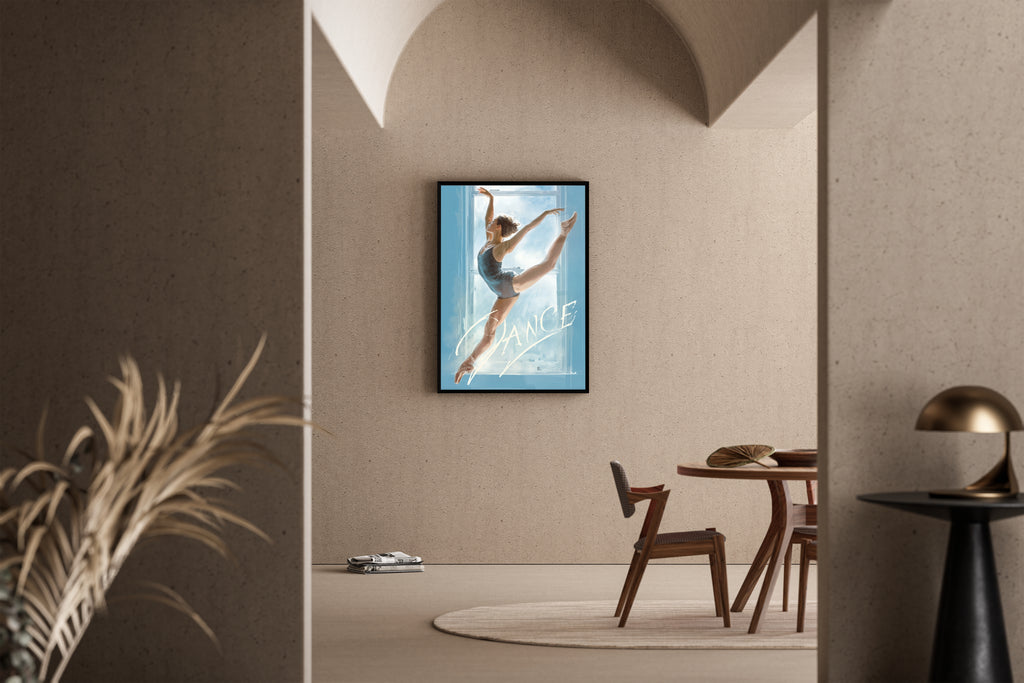 DANCE – Ballerina im Sprung vor Fenster in blauer Illustration – Kunstdruck im mediterranen Esszimmer