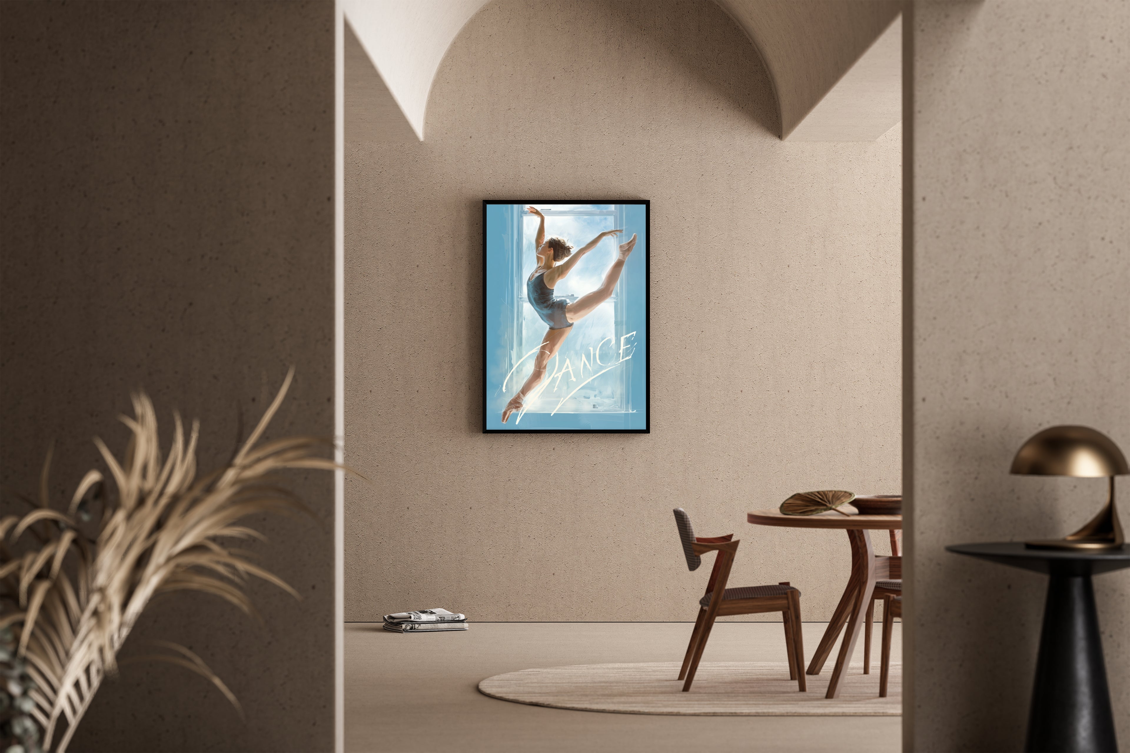 DANCE – Ballerina im Sprung vor Fenster in blauer Illustration – Kunstdruck im mediterranen Esszimmer