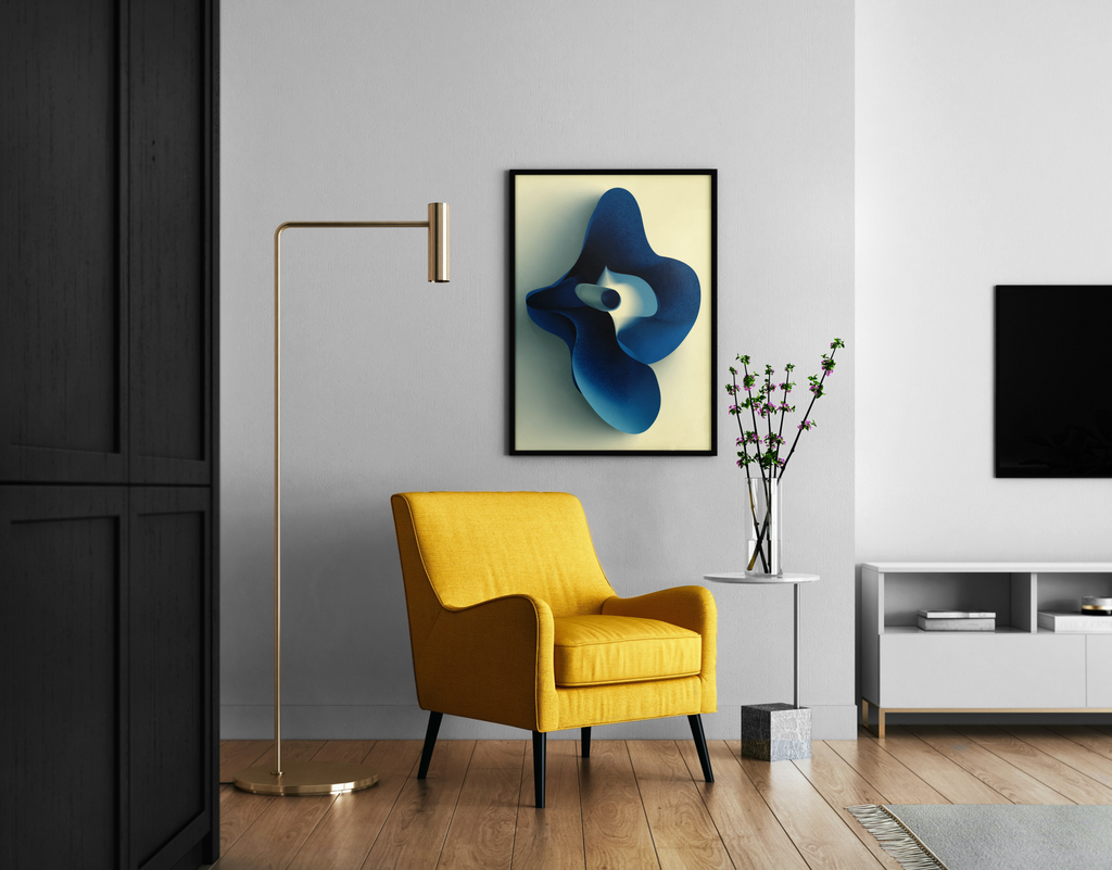 Organische blaue 3D-Form mit geschwungenen Flächen auf Cremehintergrund – abstrakter Poster im modernen Wohnzimmer
