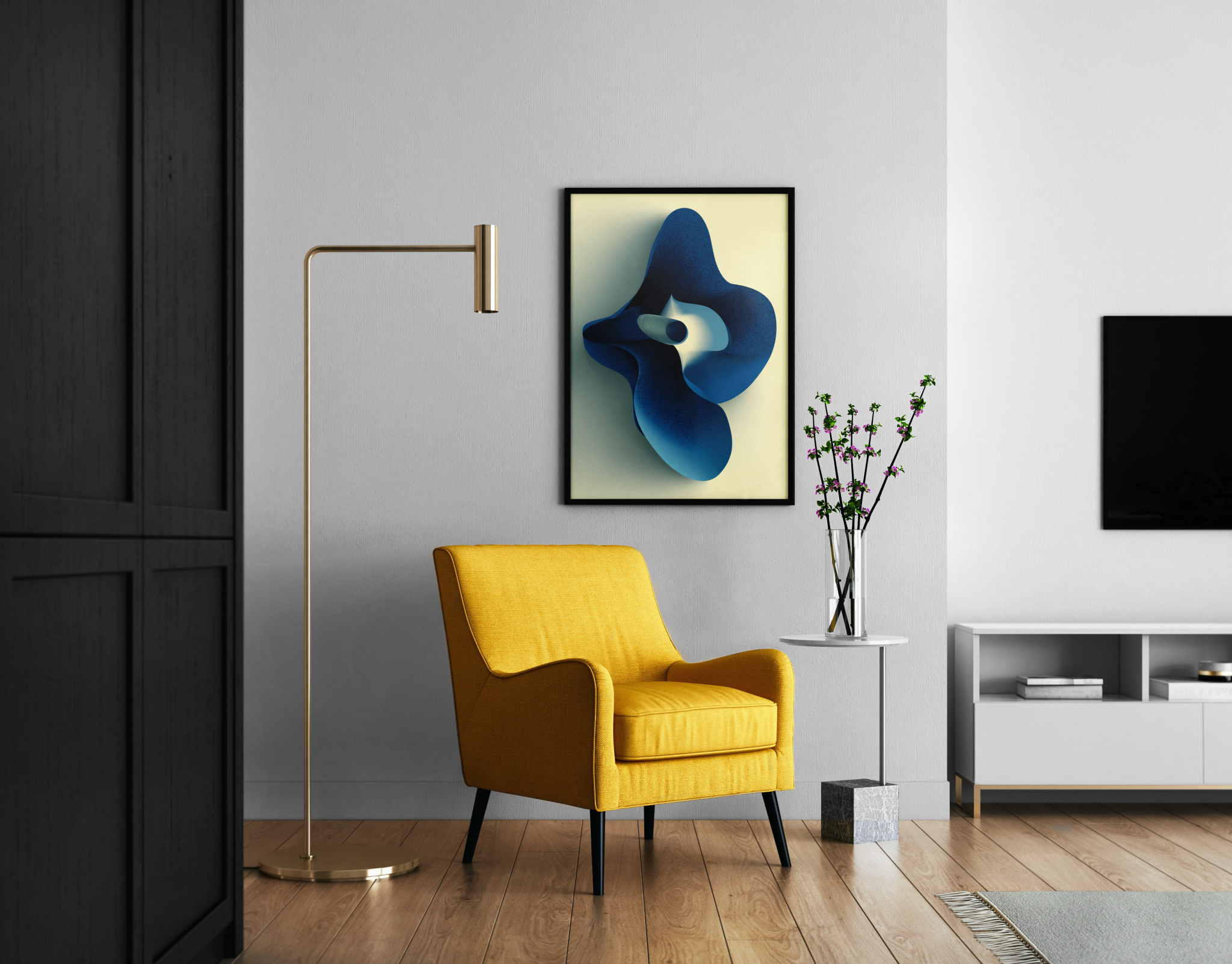 Organische blaue 3D-Form mit geschwungenen Flächen auf Cremehintergrund – abstrakter Poster im modernen Wohnzimmer