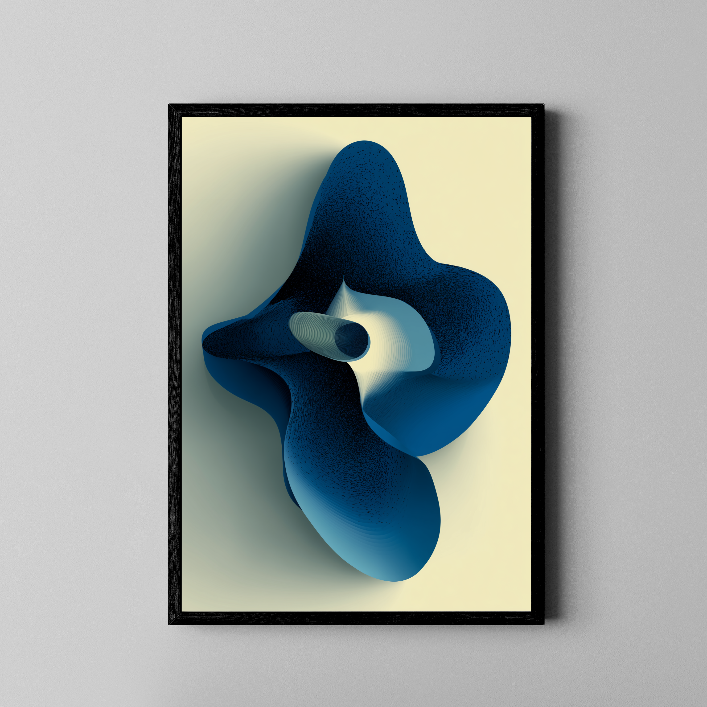Organische blaue 3D-Form mit geschwungenen Flächen auf Cremehintergrund – Fine Art Poster im schwarzen Rahmen