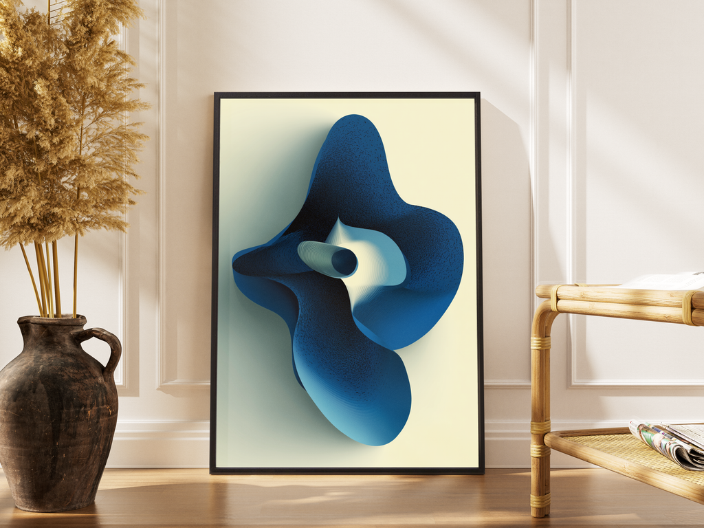Organische blaue 3D-Form mit geschwungenen Flächen auf Cremehintergrund – gerahmter abstrakter Kunstdruck kaufen