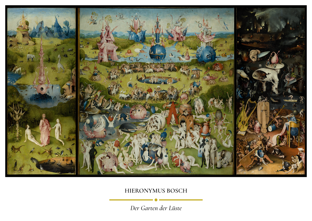Bosch – Der Garten der Lüste – Triptychon Paradies Hölle fantastische Figuren | Altniederländische Malerei – eleganter Kunstdruck