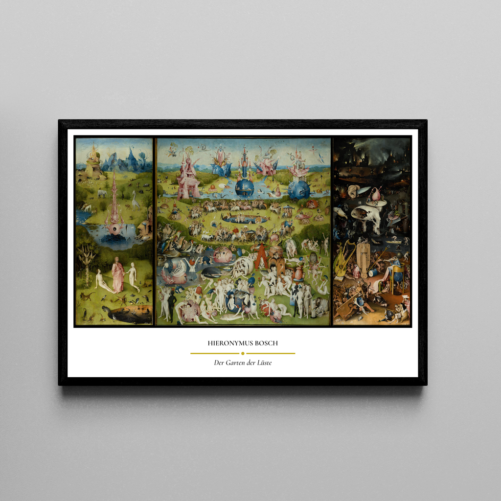 Bosch – Der Garten der Lüste – Mittelalterliches Triptychon surreale Weltdarstellung | Altmeister-Gemälde-Stil – Poster im schwarzen Rahmen