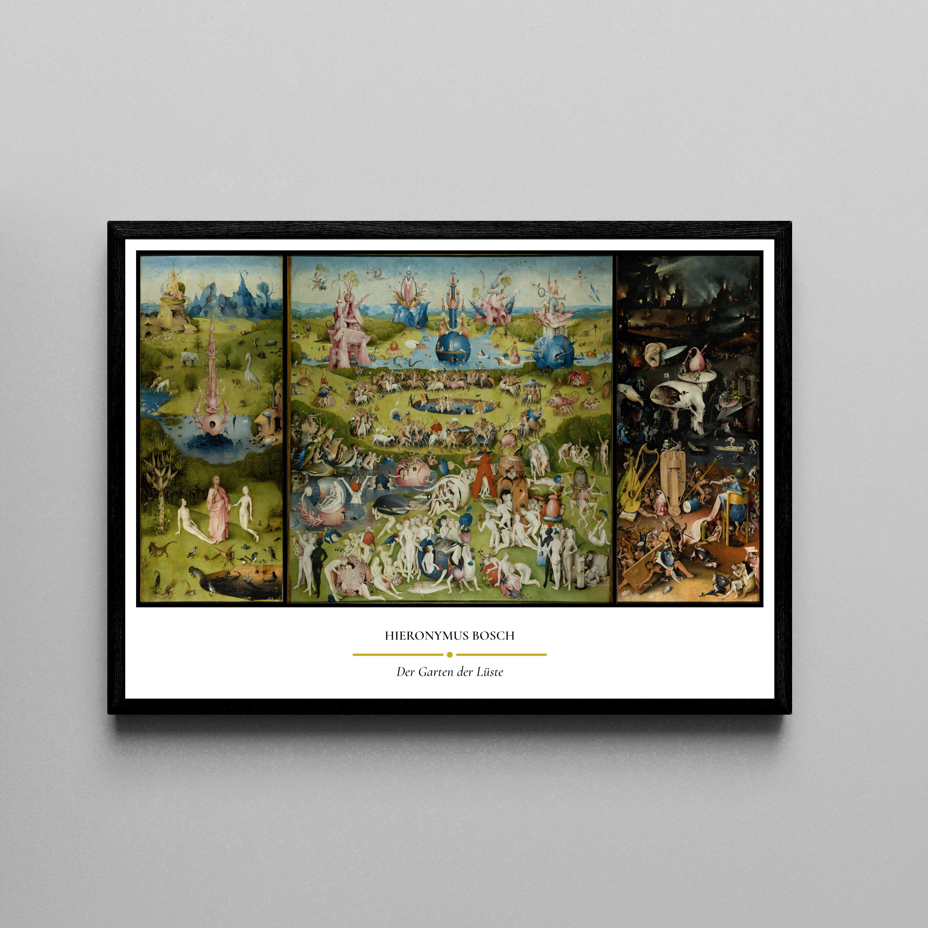 Bosch – Der Garten der Lüste – Mittelalterliches Triptychon surreale Weltdarstellung | Altmeister-Gemälde-Stil – Poster im schwarzen Rahmen
