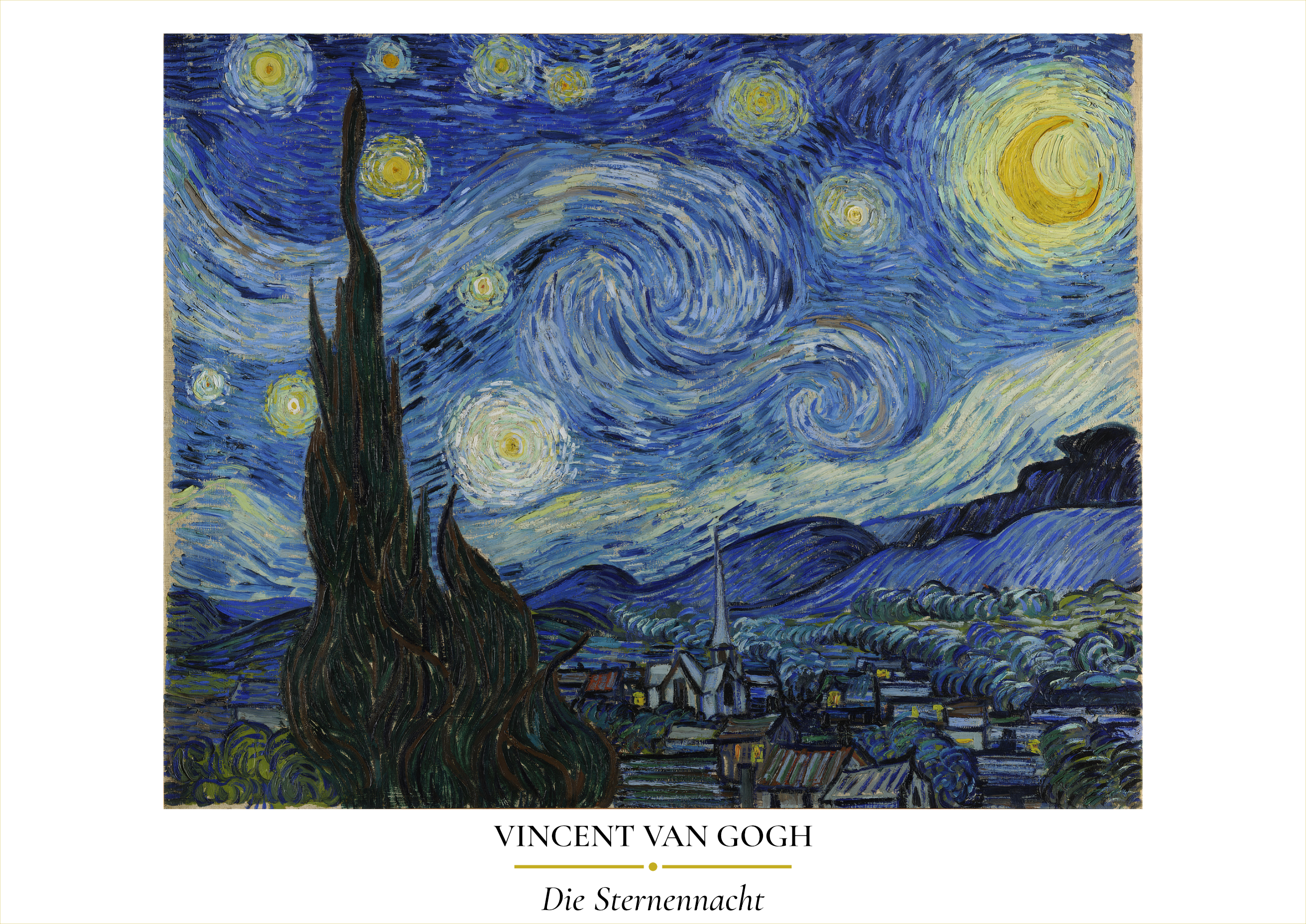 Van Gogh – Die Sternennacht – Wirbelnder Nachthimmel Zypresse Dorf Saint-Rémy | Post-Impressionismus – eleganter Kunstdruck