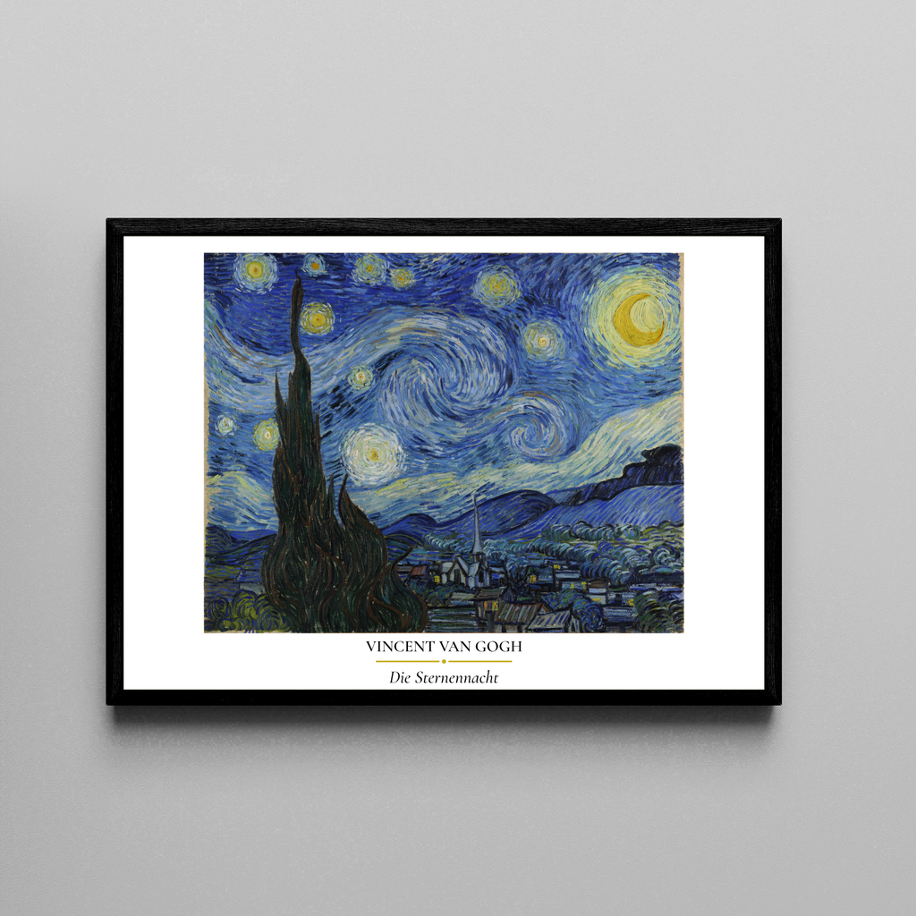 Van Gogh – Die Sternennacht – Leuchtende Spiralnebel Mondscheindorf Ölgemälde | Post-Impressionistischer Stil – Poster im schwarzen Rahmen