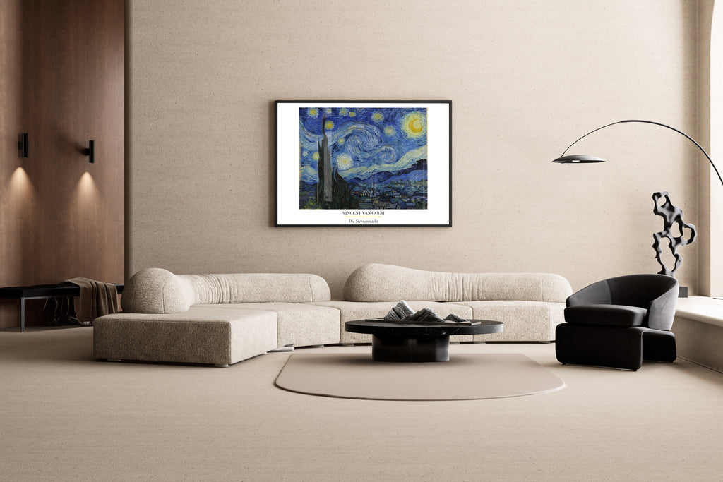 Van Gogh – Die Sternennacht – Wirbelnde Sterne Provence Dorfkirche Nachthimmel | Ölgemälde-Kunstdruck – Wandbild im modernen Wohnzimmer
