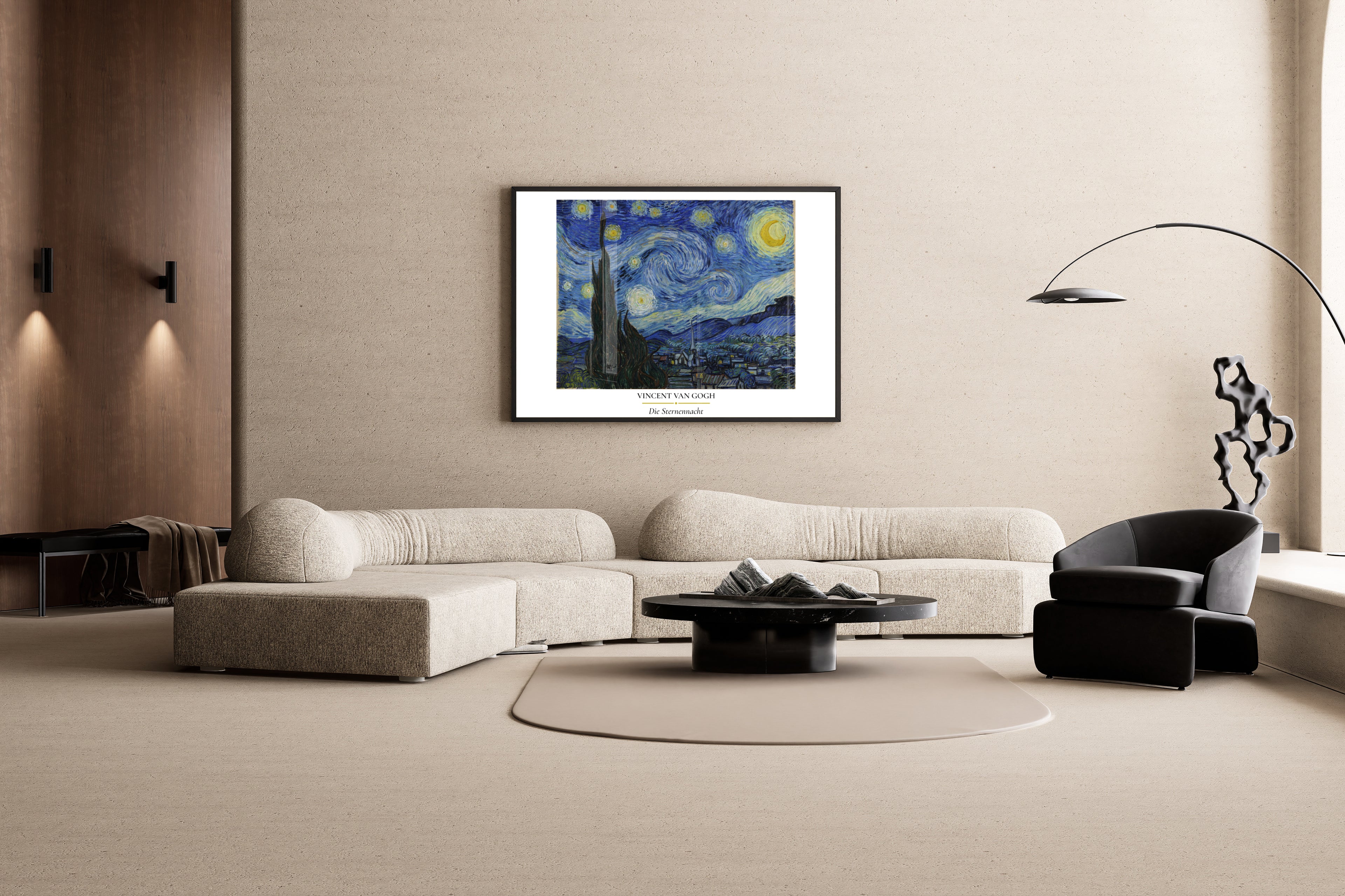 Van Gogh – Die Sternennacht – Wirbelnde Sterne Provence Dorfkirche Nachthimmel | Ölgemälde-Kunstdruck – Wandbild im modernen Wohnzimmer