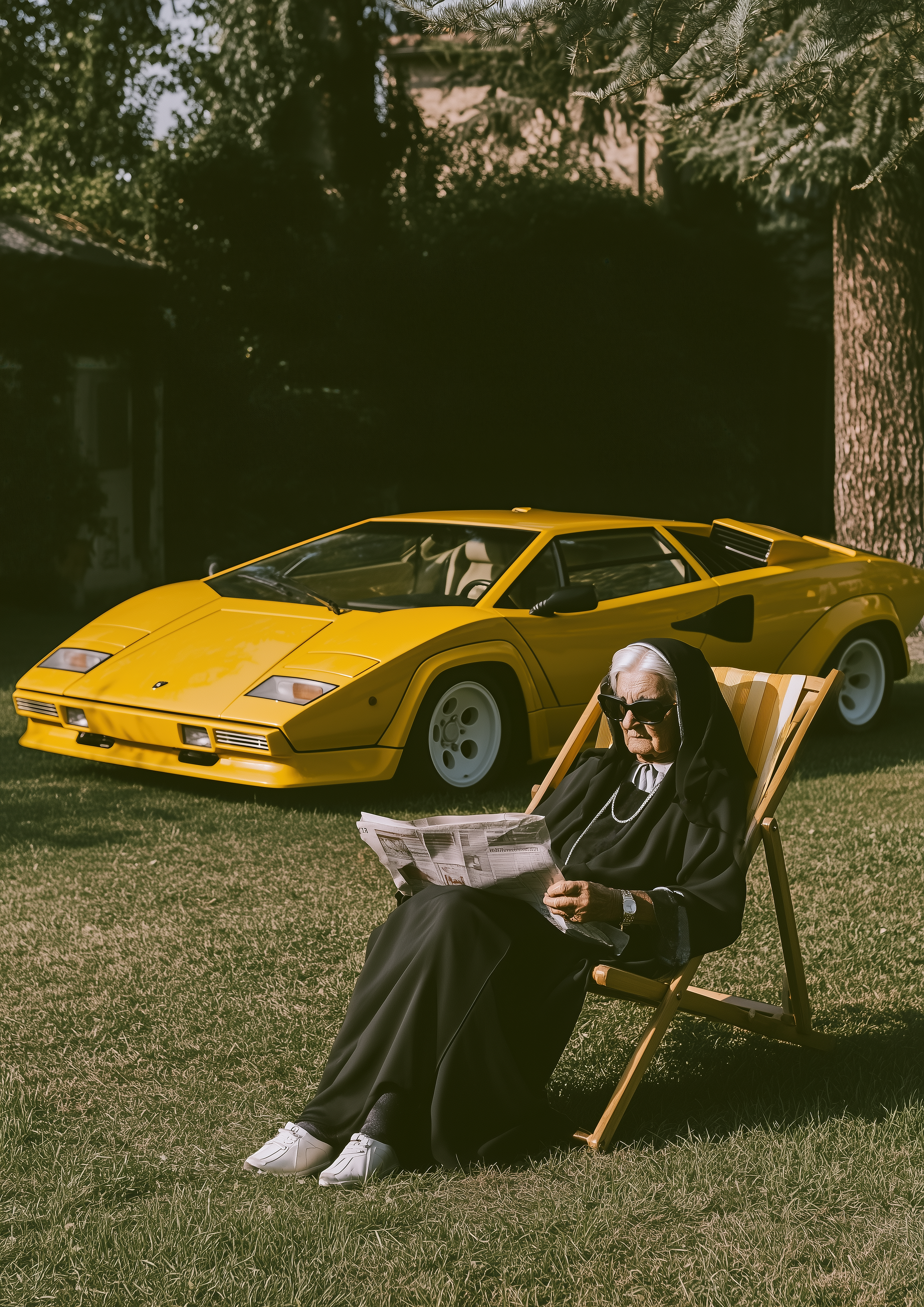Divine Dividends – Nonne liest Zeitung vor gelbem Lamborghini Countach | Humor-Fotografie – eleganter Kunstdruck