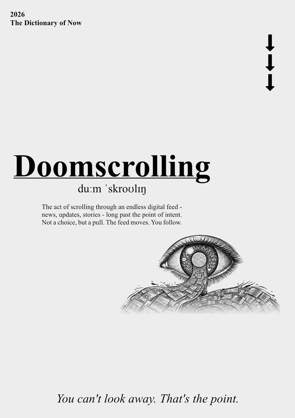 Doomscrolling – typografisches Wörterbuch-Poster mit surrealem Auge und Schlange – Statement Fine Art Kunstdruck