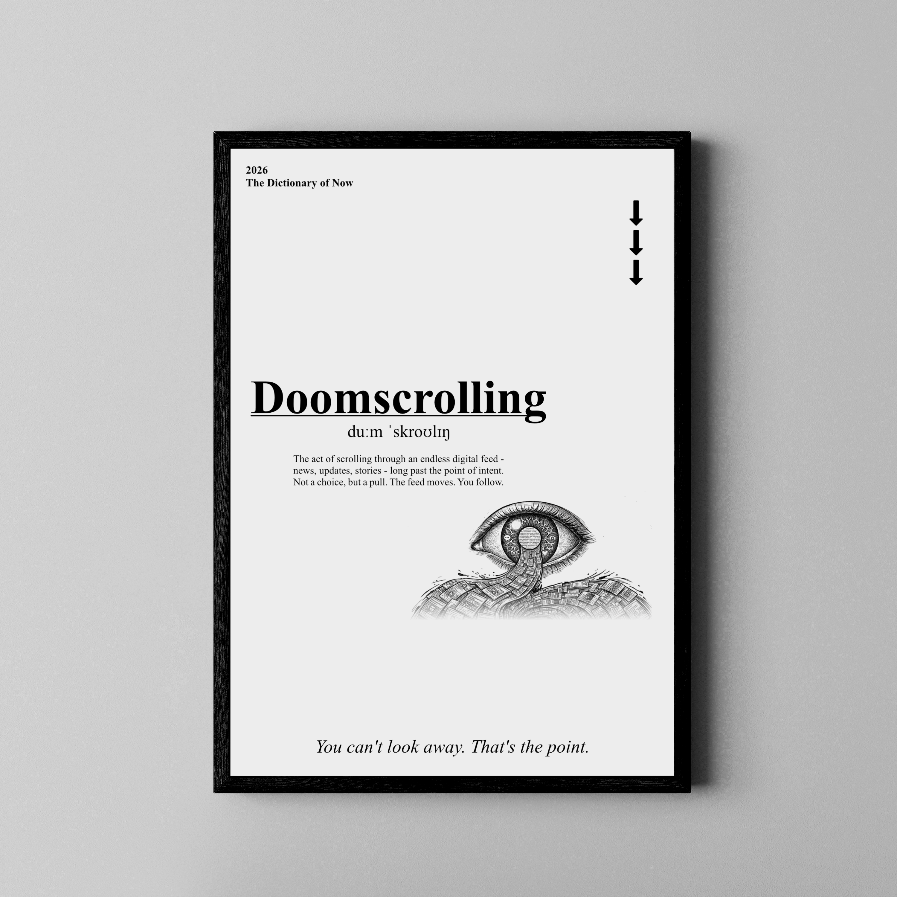 Doomscrolling – typografisches Wörterbuch-Poster mit surrealem Auge und Schlange – Statement Poster im schwarzen Rahmen