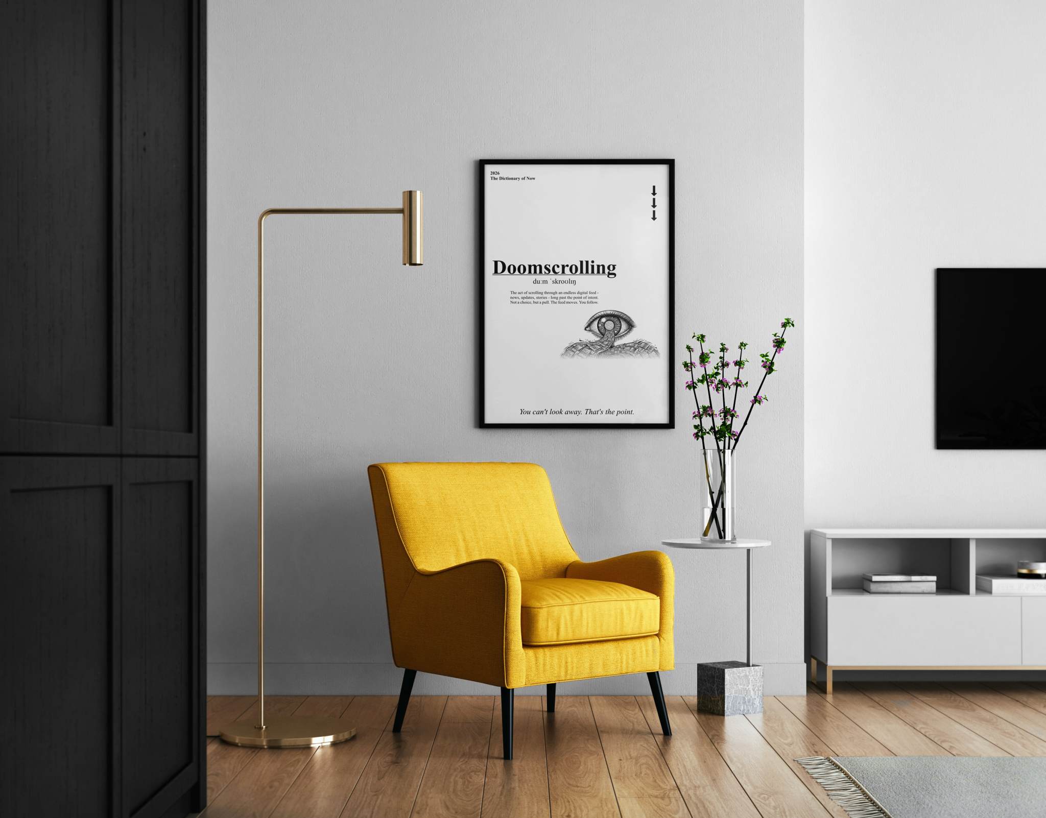 Doomscrolling – typografisches Wörterbuch-Poster mit surrealem Auge und Schlange – Statement Poster im modernen Wohnzimmer