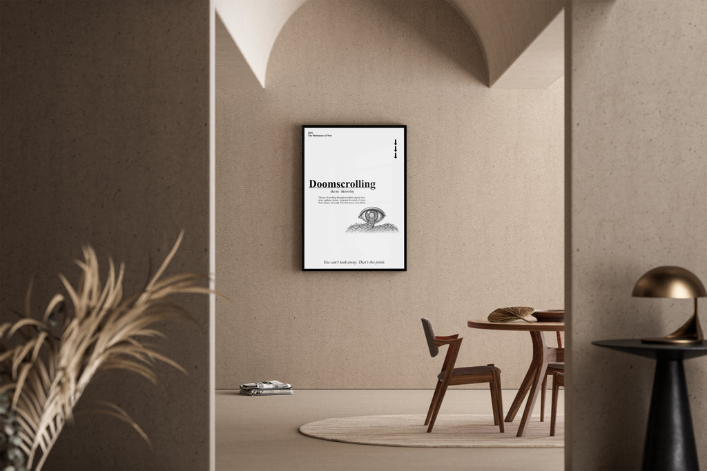 Doomscrolling – typografisches Wörterbuch-Poster mit surrealem Auge und Schlange – Kunstdruck im mediterranen Esszimmer