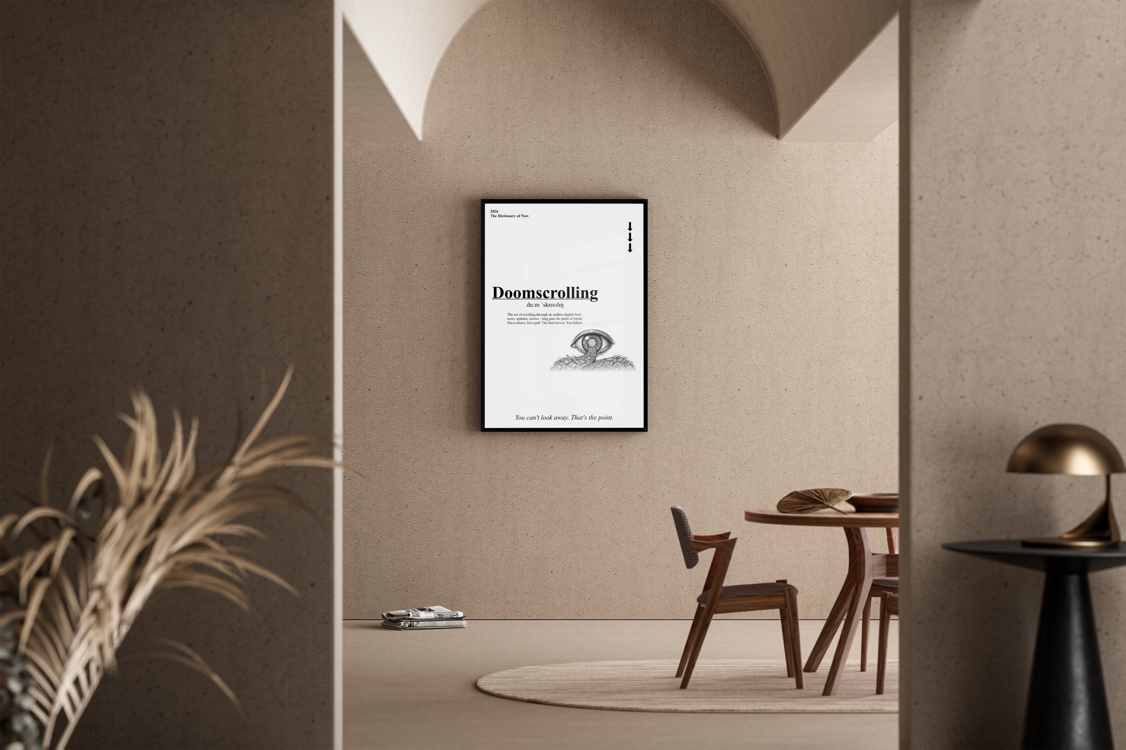 Doomscrolling – typografisches Wörterbuch-Poster mit surrealem Auge und Schlange – Kunstdruck im mediterranen Esszimmer