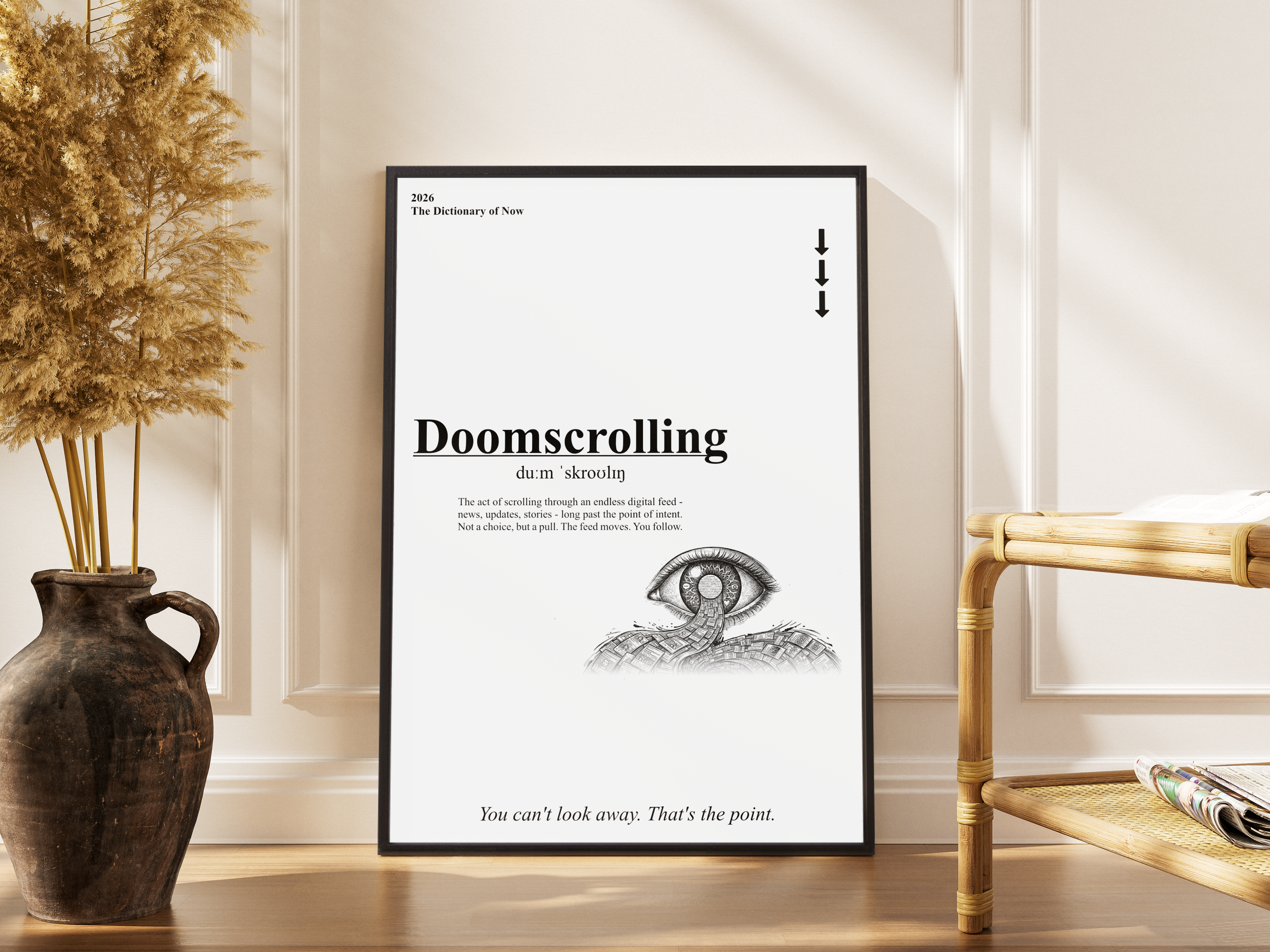 Doomscrolling – typografisches Wörterbuch-Poster mit surrealem Auge und Schlange – gerahmter Statement Kunstdruck kaufen