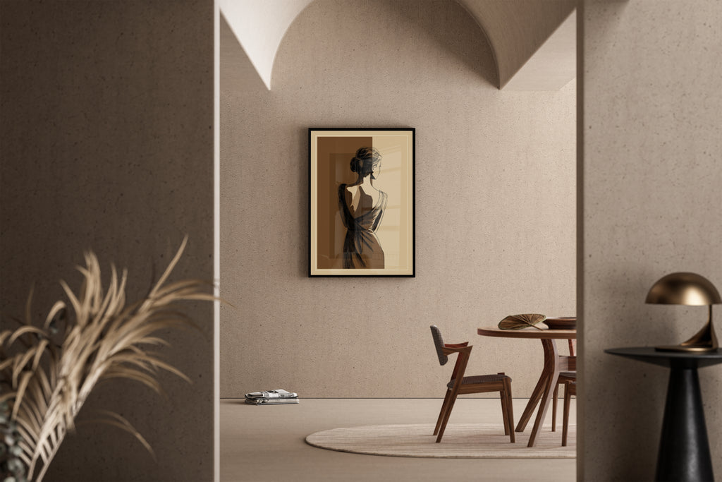 Elegante Frau von hinten als Tuschezeichnung in Braun-Sepia – Kunstdruck im mediterranen Esszimmer