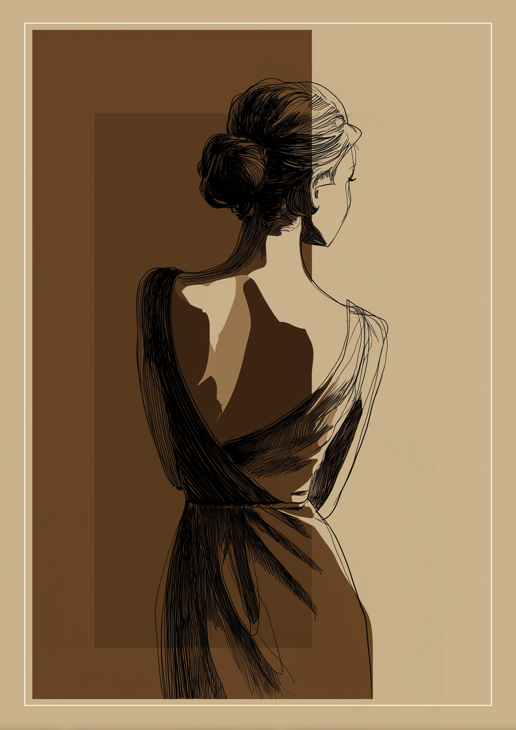 Elegante Frau von hinten als Tuschezeichnung in Braun-Sepia – femininer Fine Art Kunstdruck