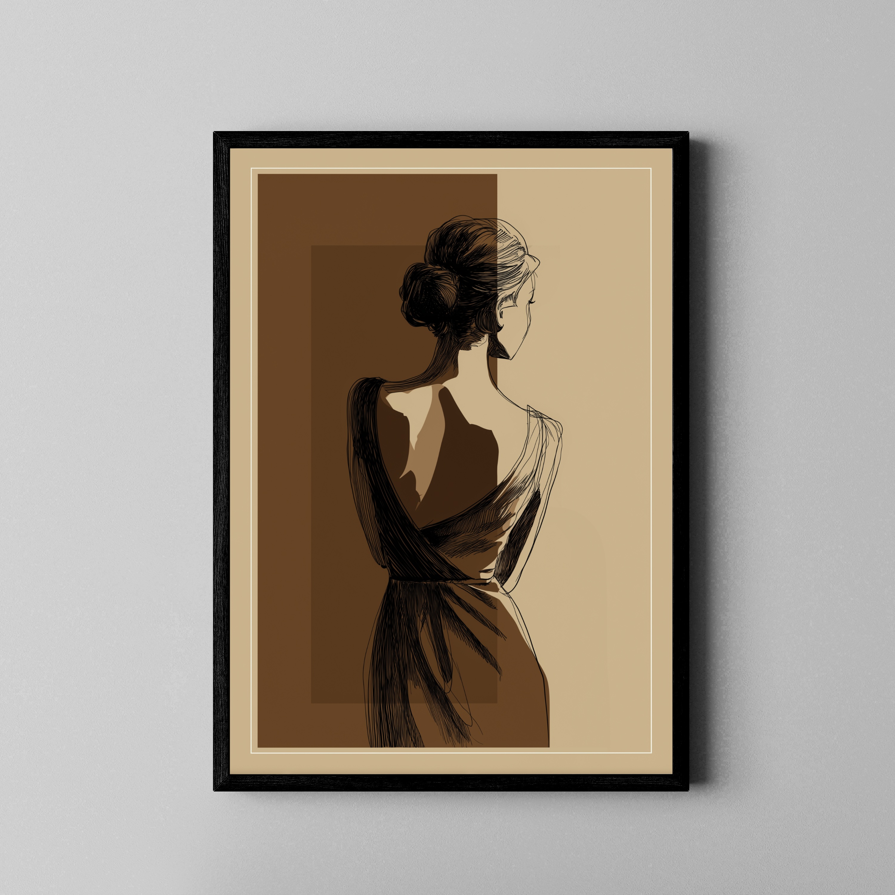 Elegante Frau von hinten als Tuschezeichnung in Braun-Sepia – Fine Art Poster im schwarzen Rahmen