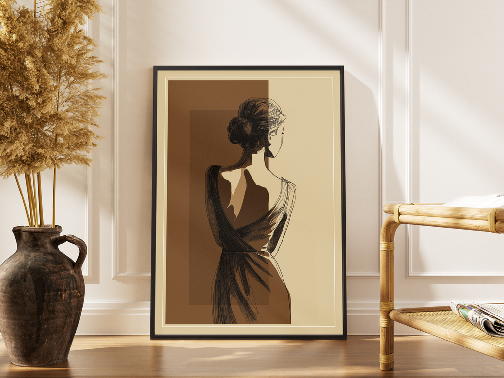 Elegante Frau von hinten als Tuschezeichnung in Braun-Sepia – gerahmter Fine Art Kunstdruck kaufen