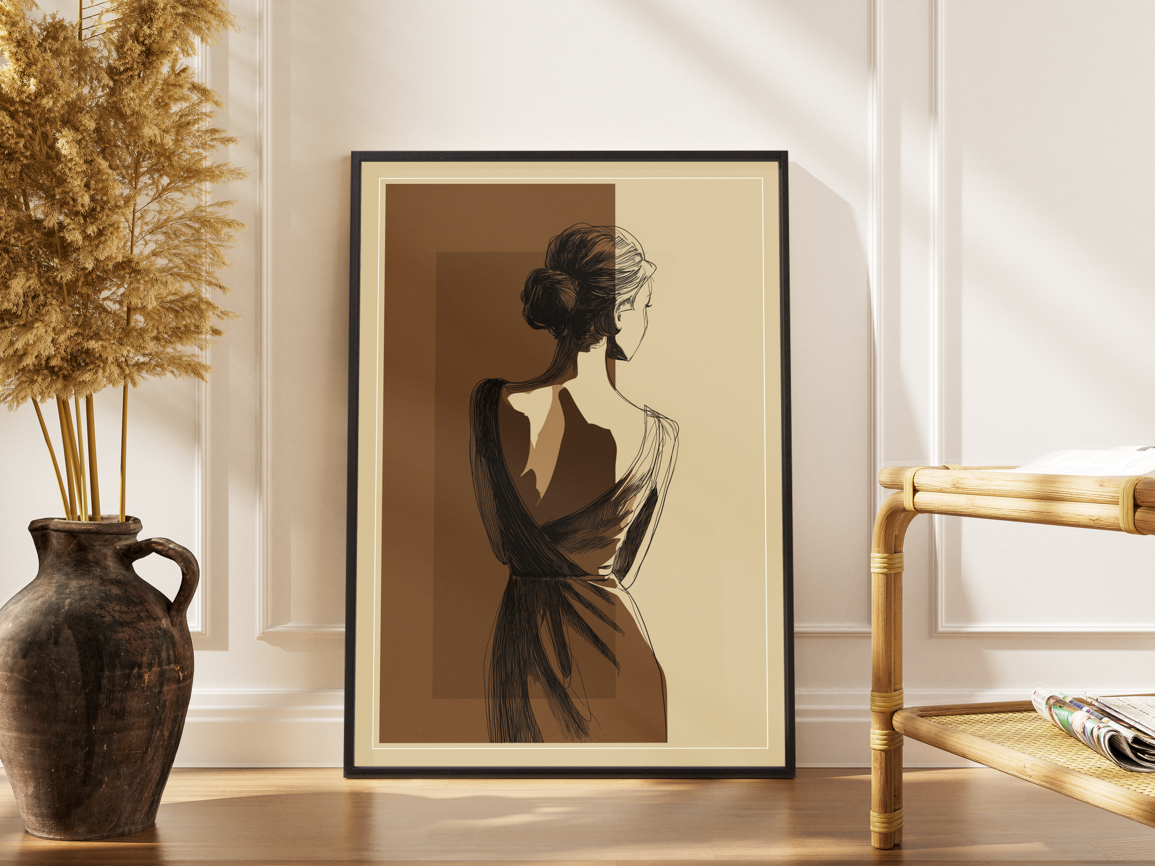 Elegante Frau von hinten als Tuschezeichnung in Braun-Sepia – gerahmter Fine Art Kunstdruck kaufen