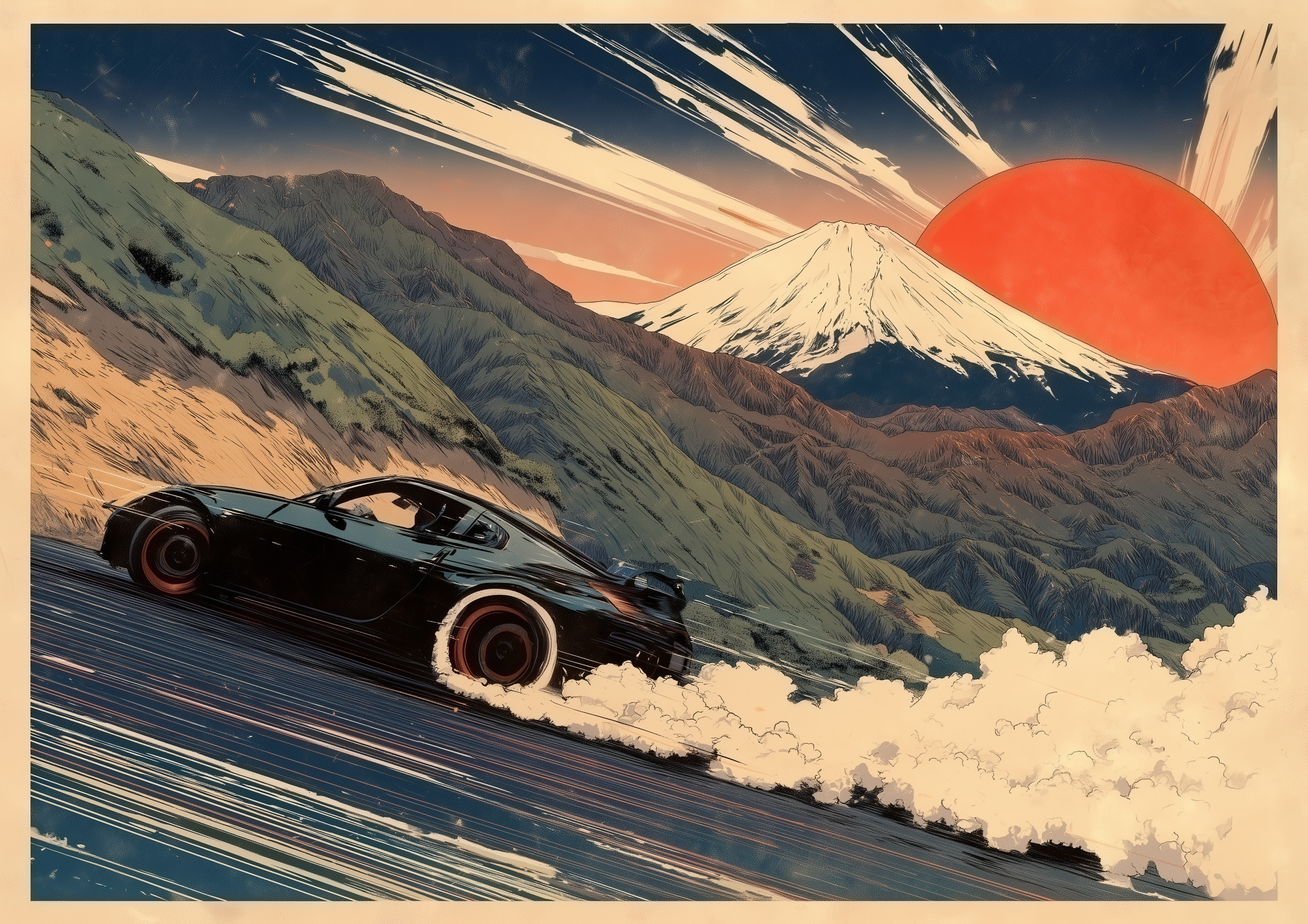 DRIFT KING – Nissan 350Z driftet vor Mount Fuji, roter Sonne, Japan-Holzschnitt-Stil – eleganter Kunstdruck