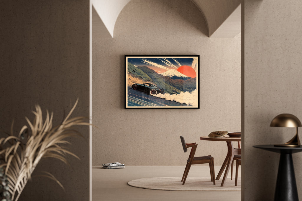 DRIFT KING – Nissan 350Z driftet vor Mount Fuji, roter Sonne, Japan-Holzschnitt-Stil – Poster im Esszimmer