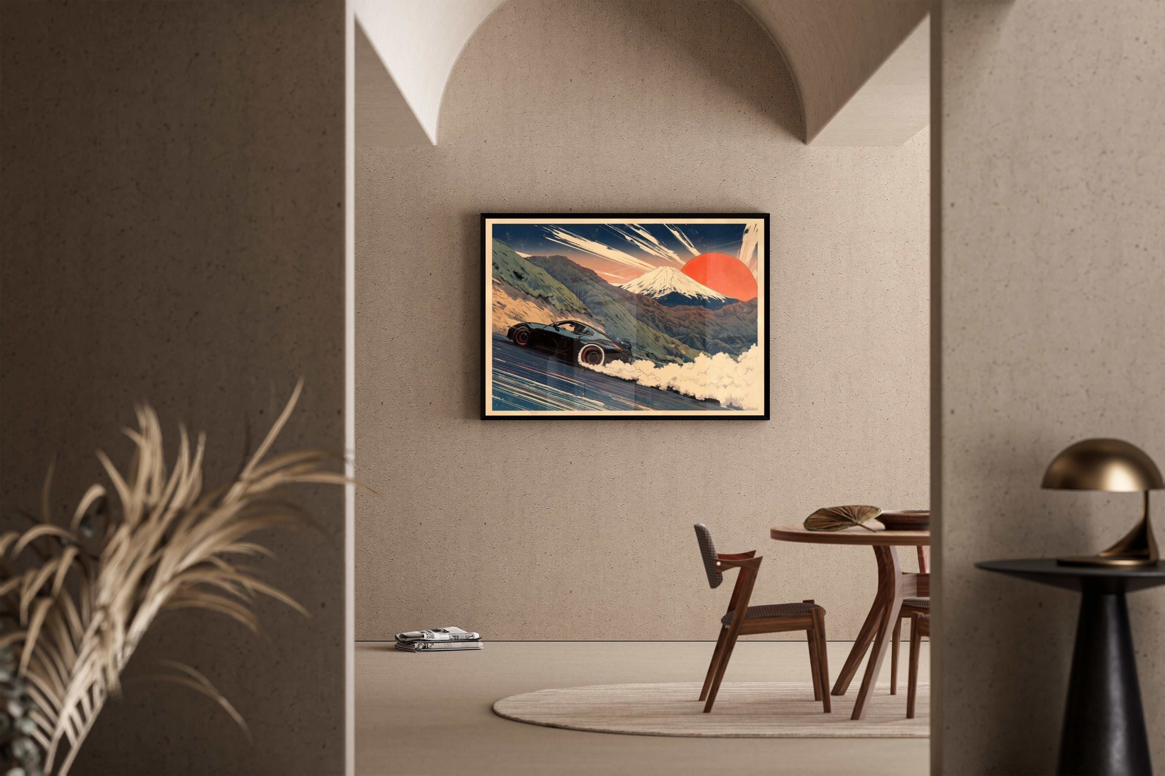 DRIFT KING – Nissan 350Z driftet vor Mount Fuji, roter Sonne, Japan-Holzschnitt-Stil – Poster im Esszimmer