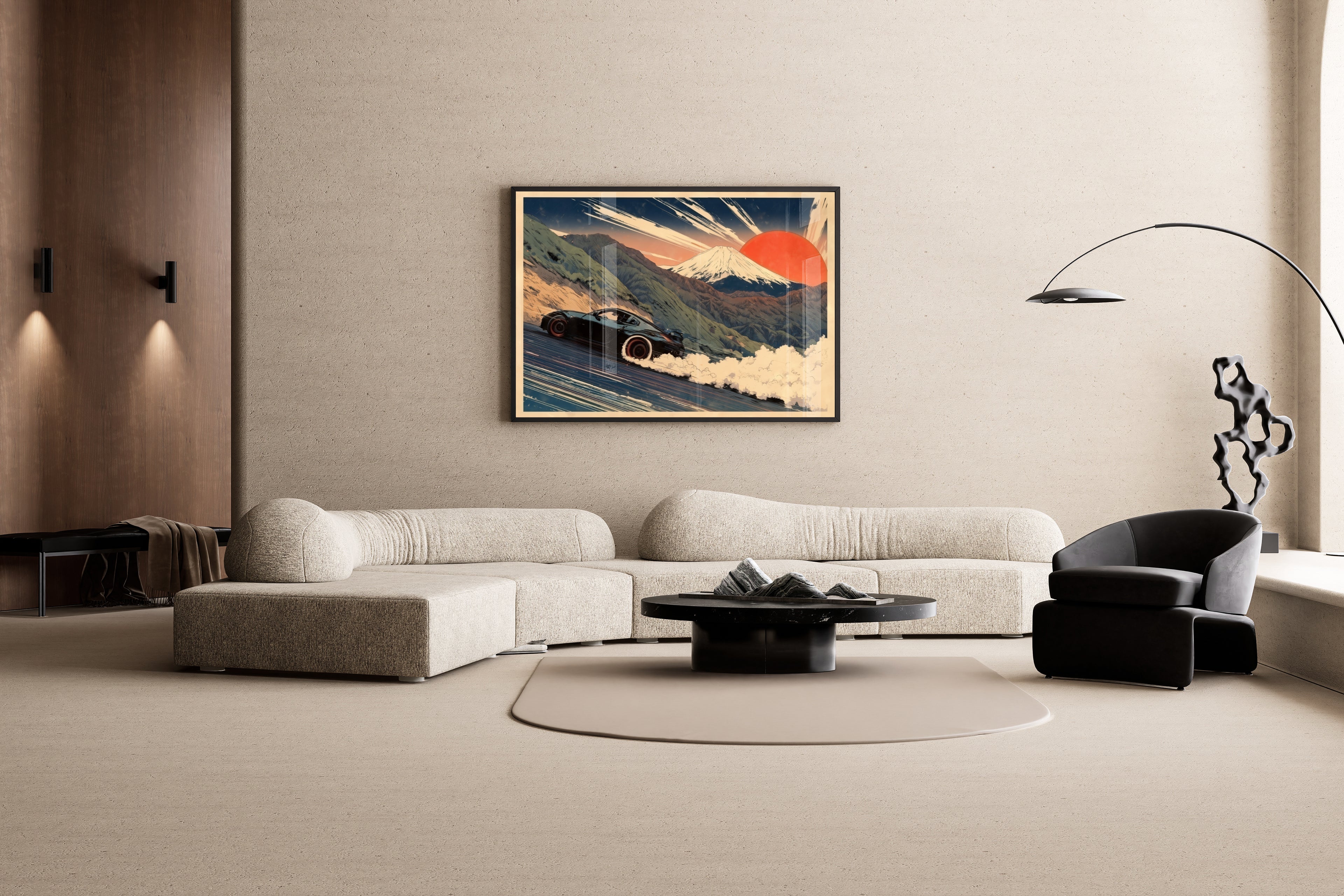 DRIFT KING – Nissan 350Z driftet vor Mount Fuji, roter Sonne, Japan-Holzschnitt-Stil – Wandbild im modernen Wohnzimmer