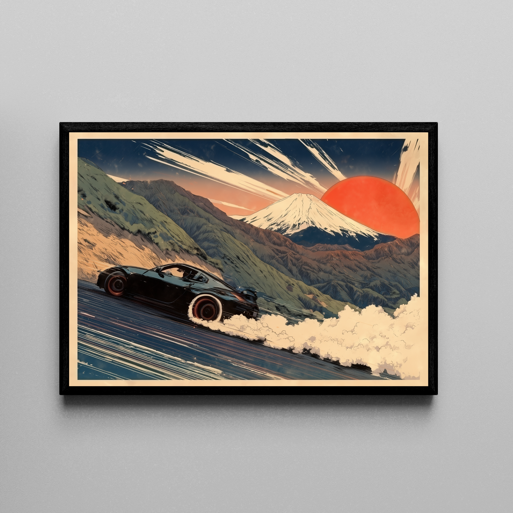 DRIFT KING – Nissan 350Z driftet vor Mount Fuji, roter Sonne, Japan-Holzschnitt-Stil – Poster im schwarzen Rahmen