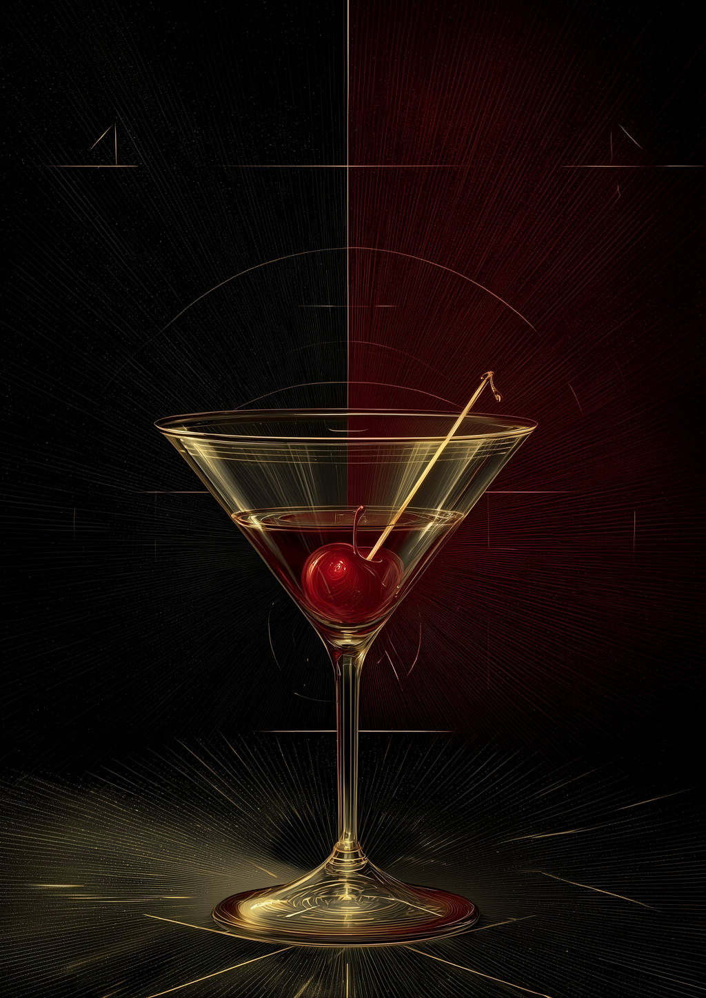 Martini-Glas mit Kirsche vor dunklem Art-Déco-Hintergrund in Gold – eleganter Bar Kunstdruck