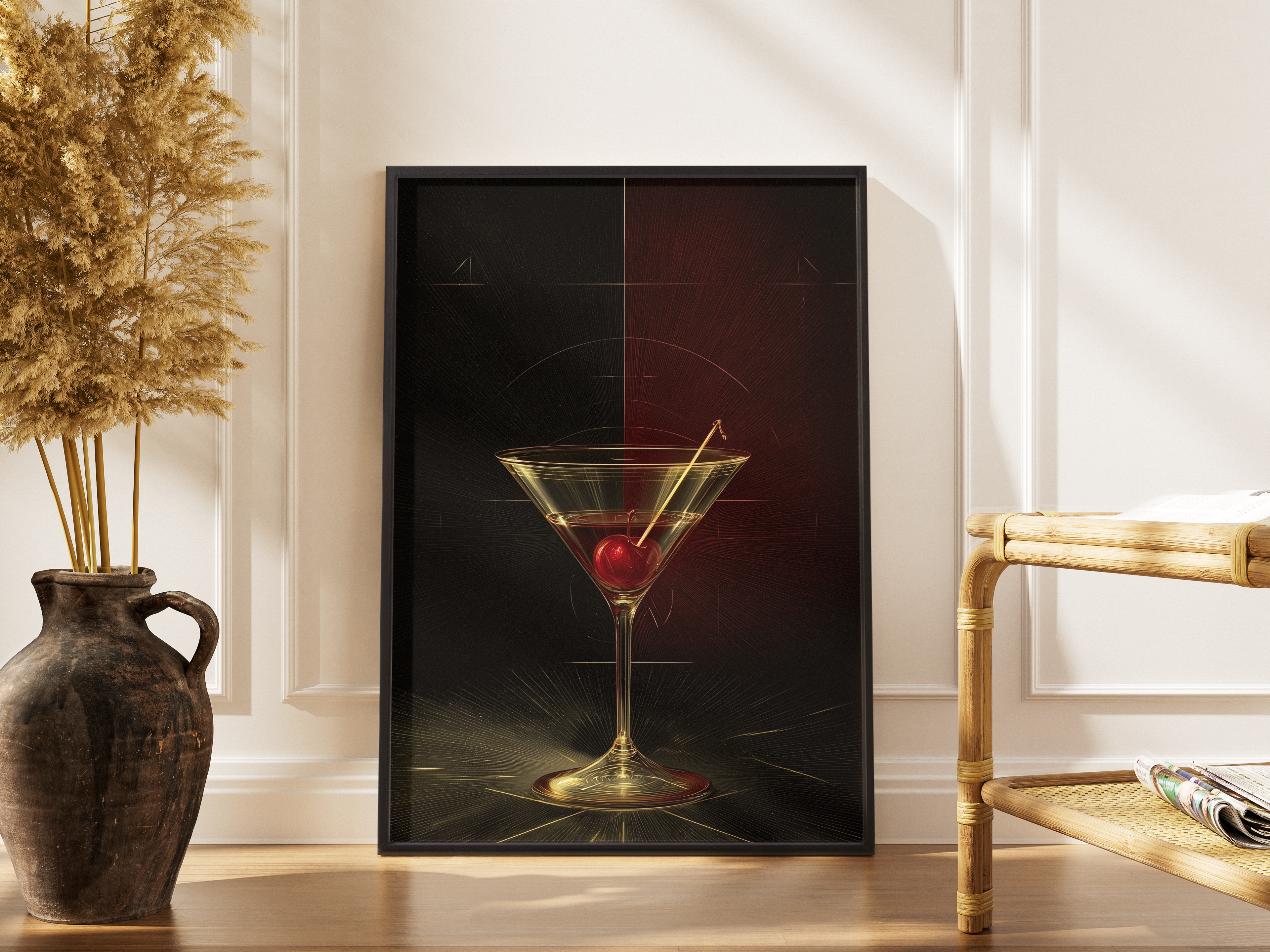 Martini-Glas mit Kirsche vor dunklem Art-Déco-Hintergrund in Gold – gerahmter Bar Kunstdruck kaufen